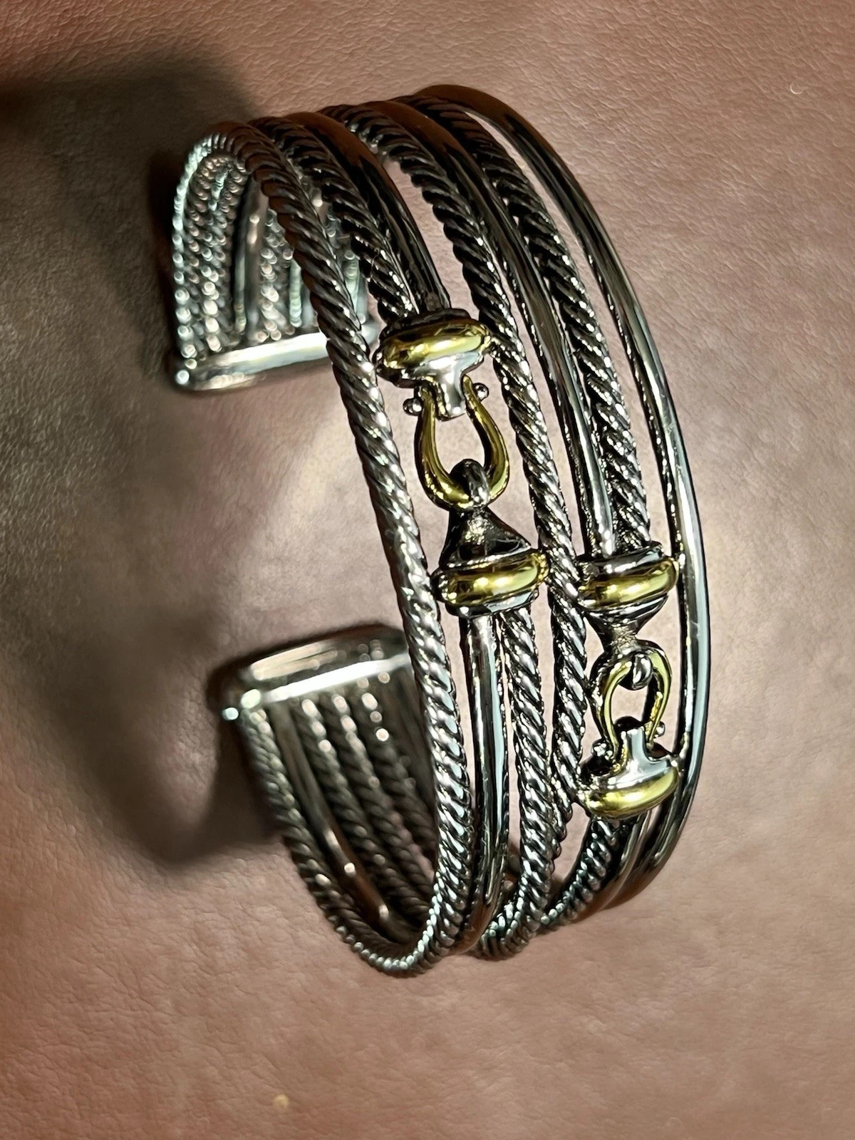 David Yurman Signed Cable Cuff Bracelet Two-Tone Sterling Silver 925