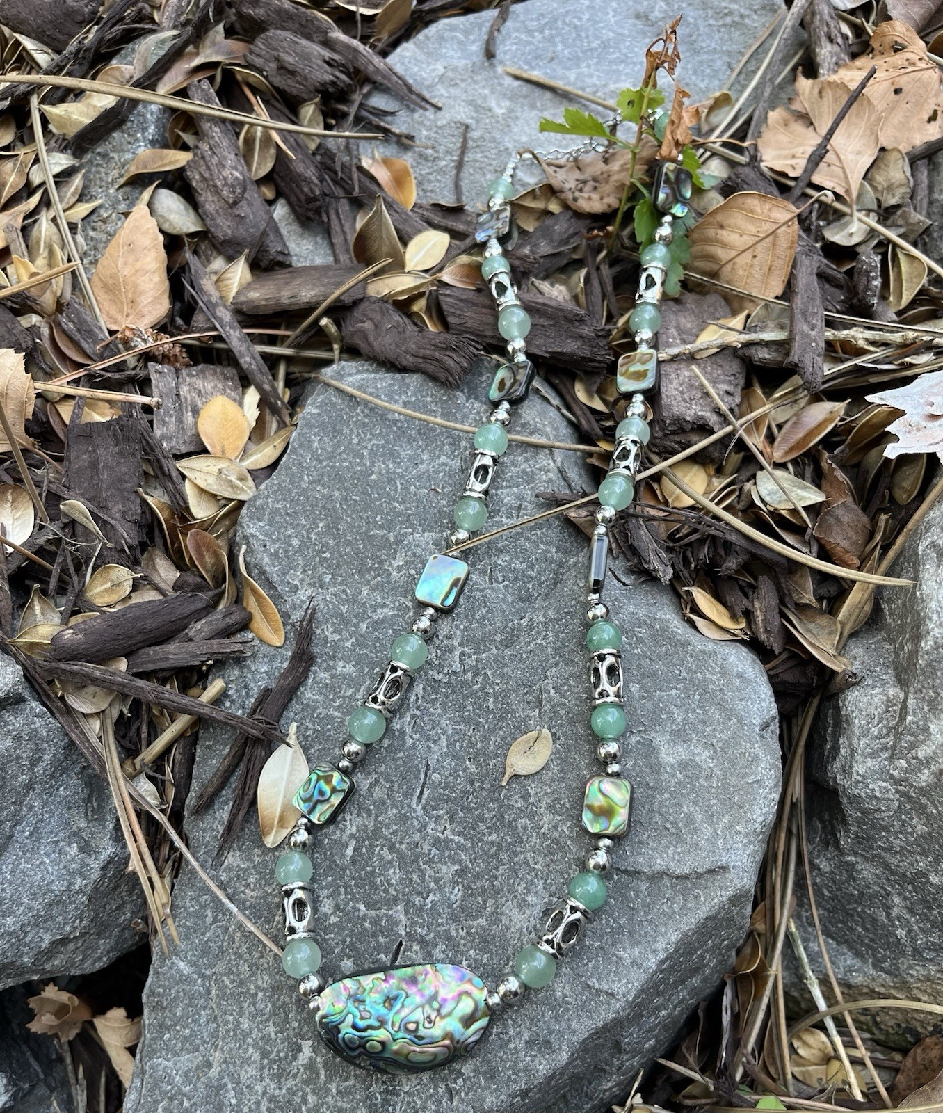Abalone Pendant Necklace ~ Green Aventurine, Abalone & Stainless Accents 20″