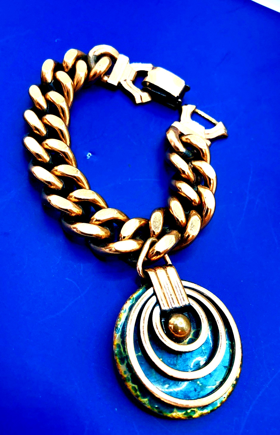 Vintage Chunky MATISSE Copper Curb Link Bracelet with Green Enamel Trim 6.5 In