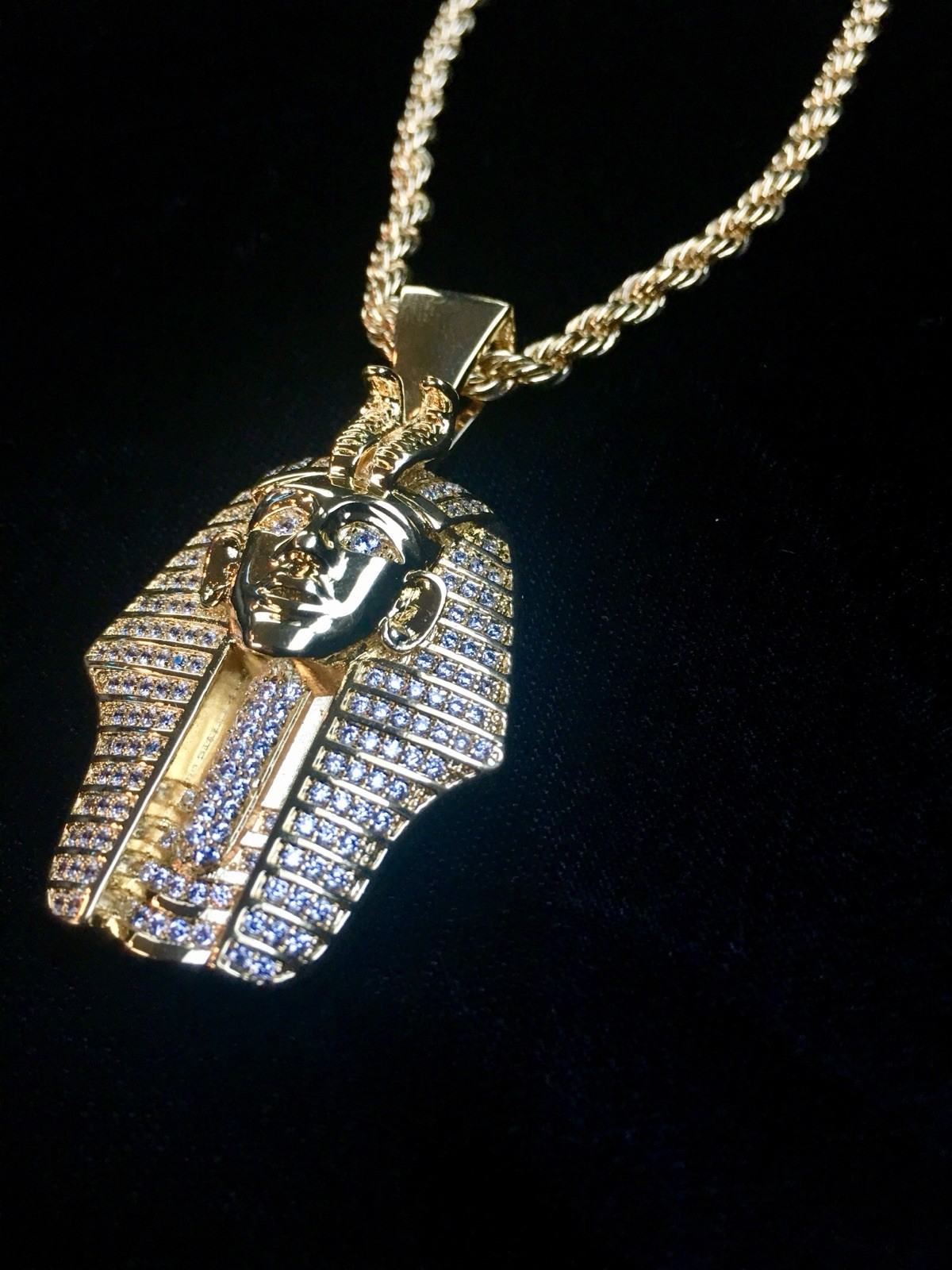 18K GOLD ROPE 24” CHAIN EGYPTIAN PHARAOH LAB DIAMONDS NECKLACE **MADE IN ITALY**