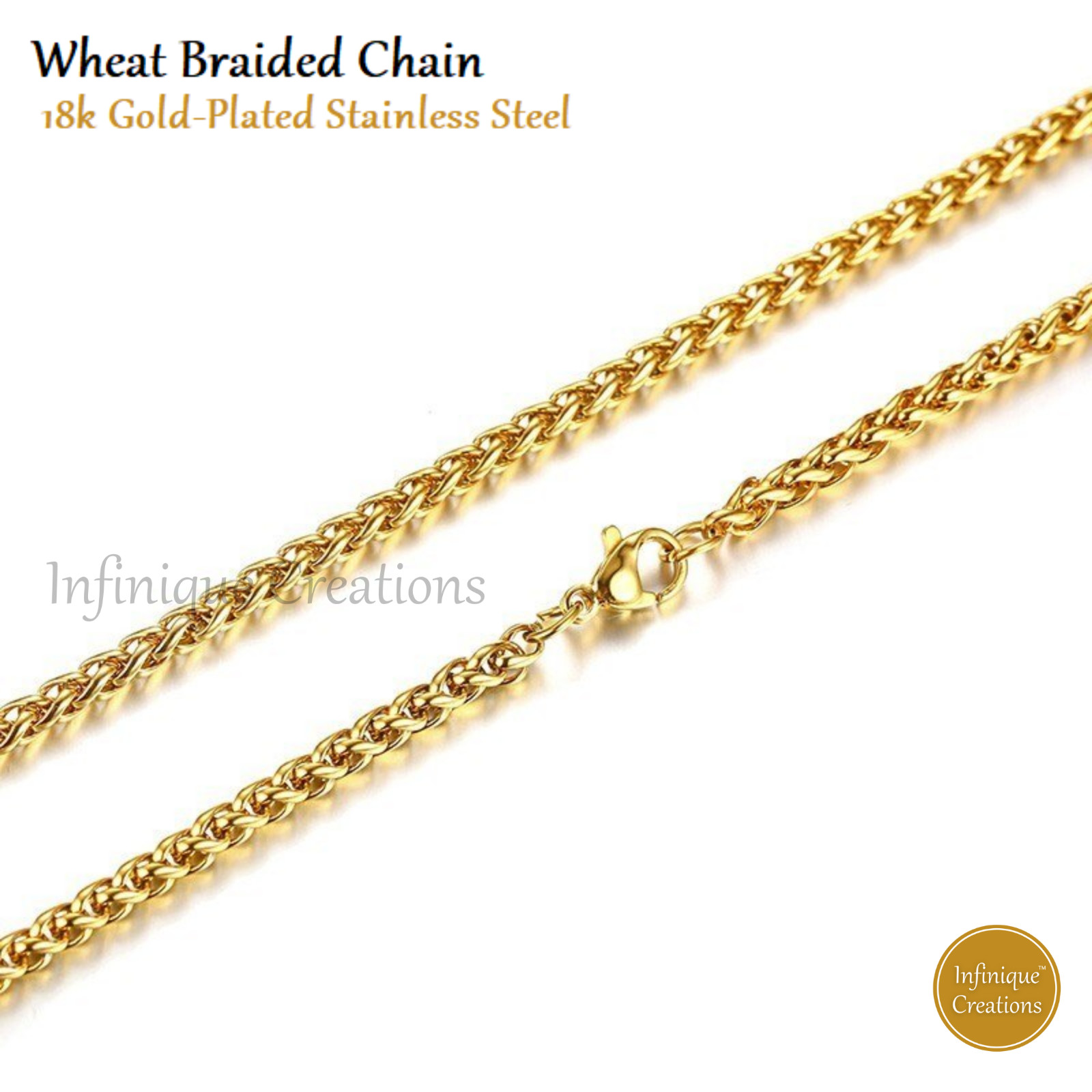 Stainless Steel Wheat Braided Chain 18K Gold Plated 7-38″ Men Bracelet Necklace