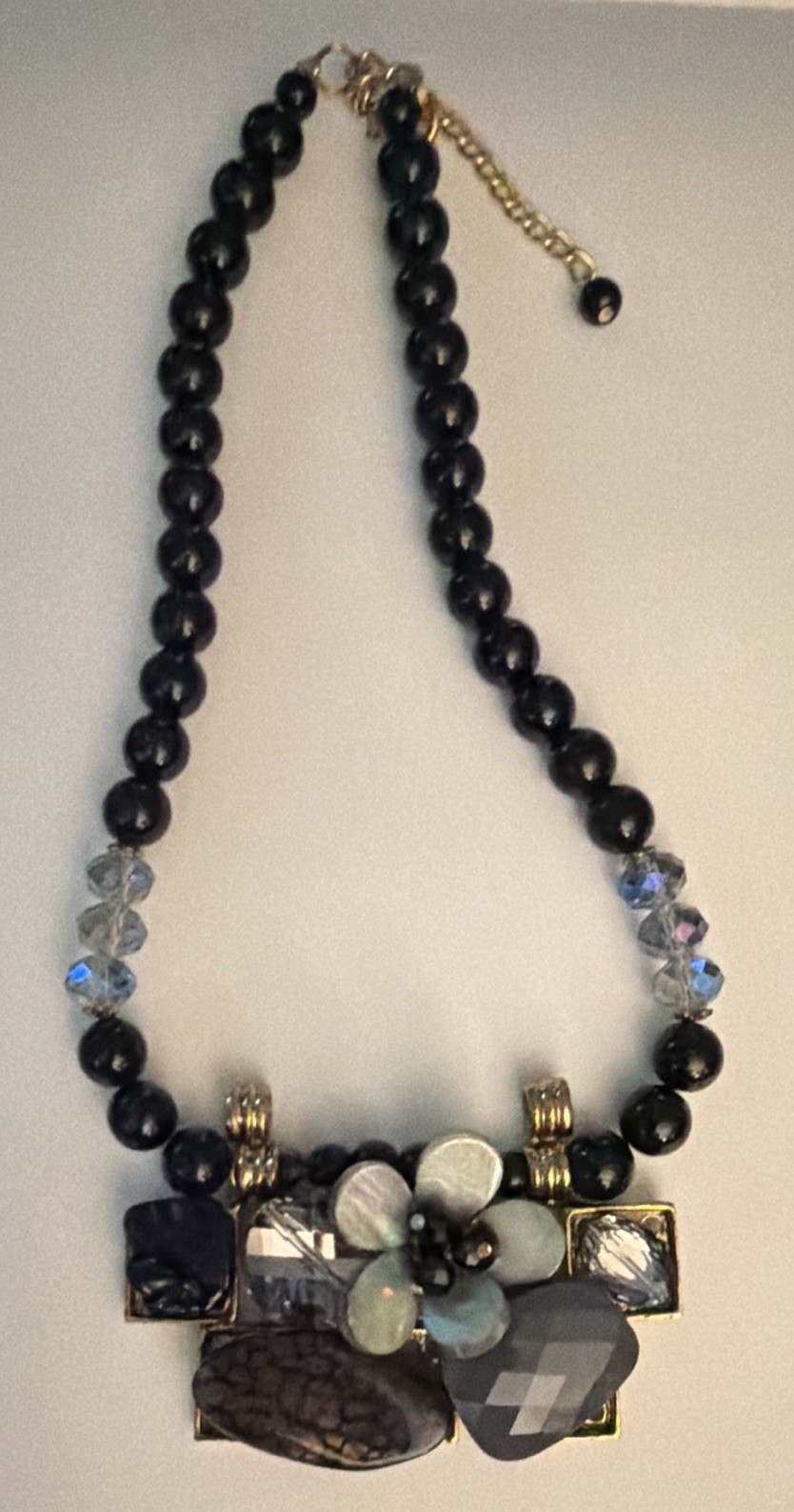 Black Beaded Statement Necklace, Gray Asymmetrical Charm Pendant