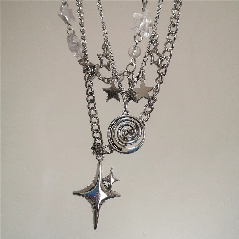 3PCS Punk Silver Star Pendant Layered Chain Necklace Y2K Grunge Unisex