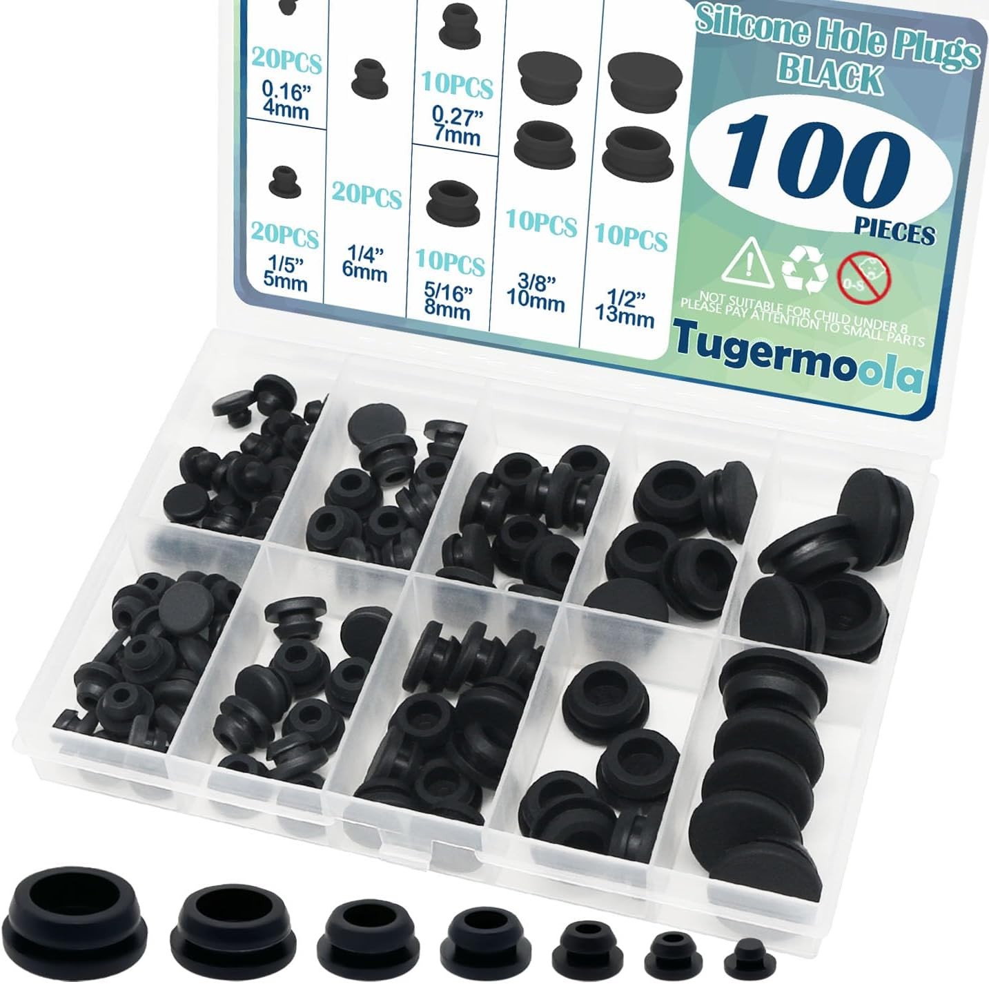 100PCS 7 Sizes Rubber Hole Plugs Assorted for Round Holes 1/5″ 1/4″ 5/16″ 3/8″ 1