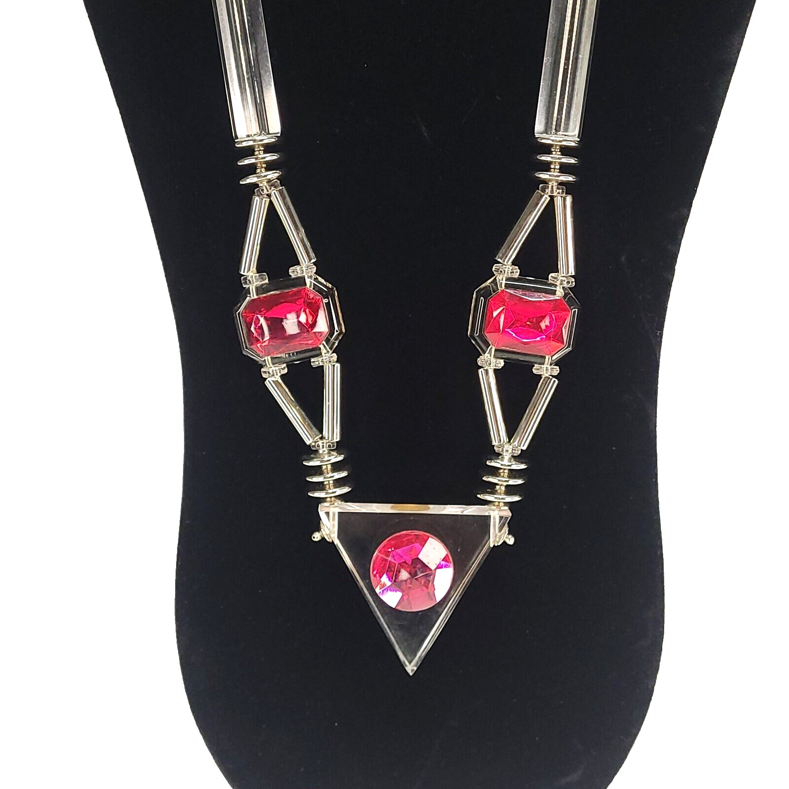 Acrylic Lucite Maximalist 80s Necklace 24″ Fuschia Silver Triangle Art To Wear