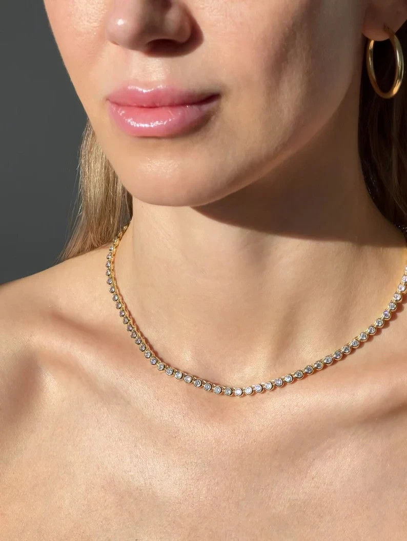 22Ctw Round Lab Created Diamond Bezel Tennis Necklace 14k Yellow Gold Plated