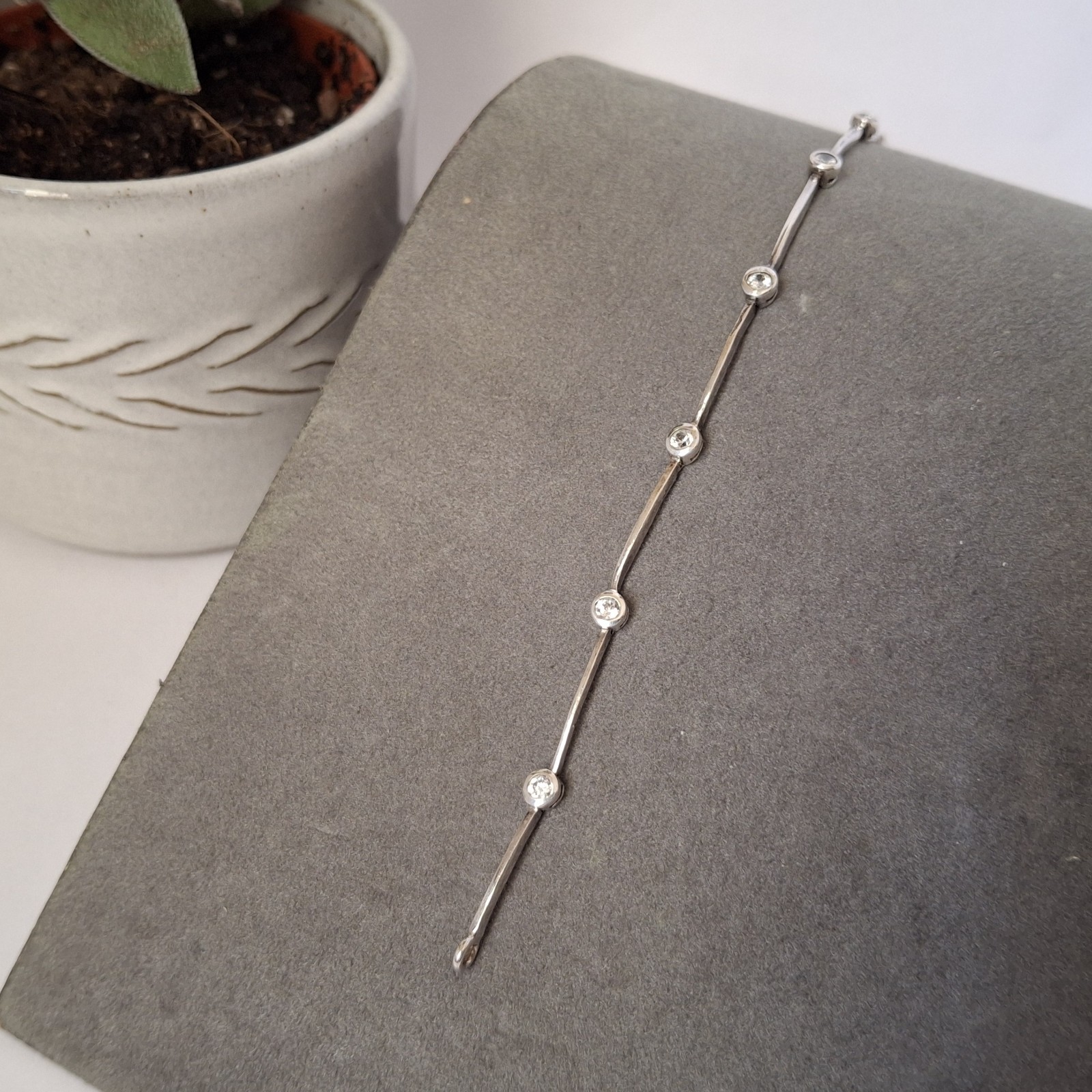 925 Sterling Silver CZ Station Link Bracelet Modern Minimalist Wedding Sparkle