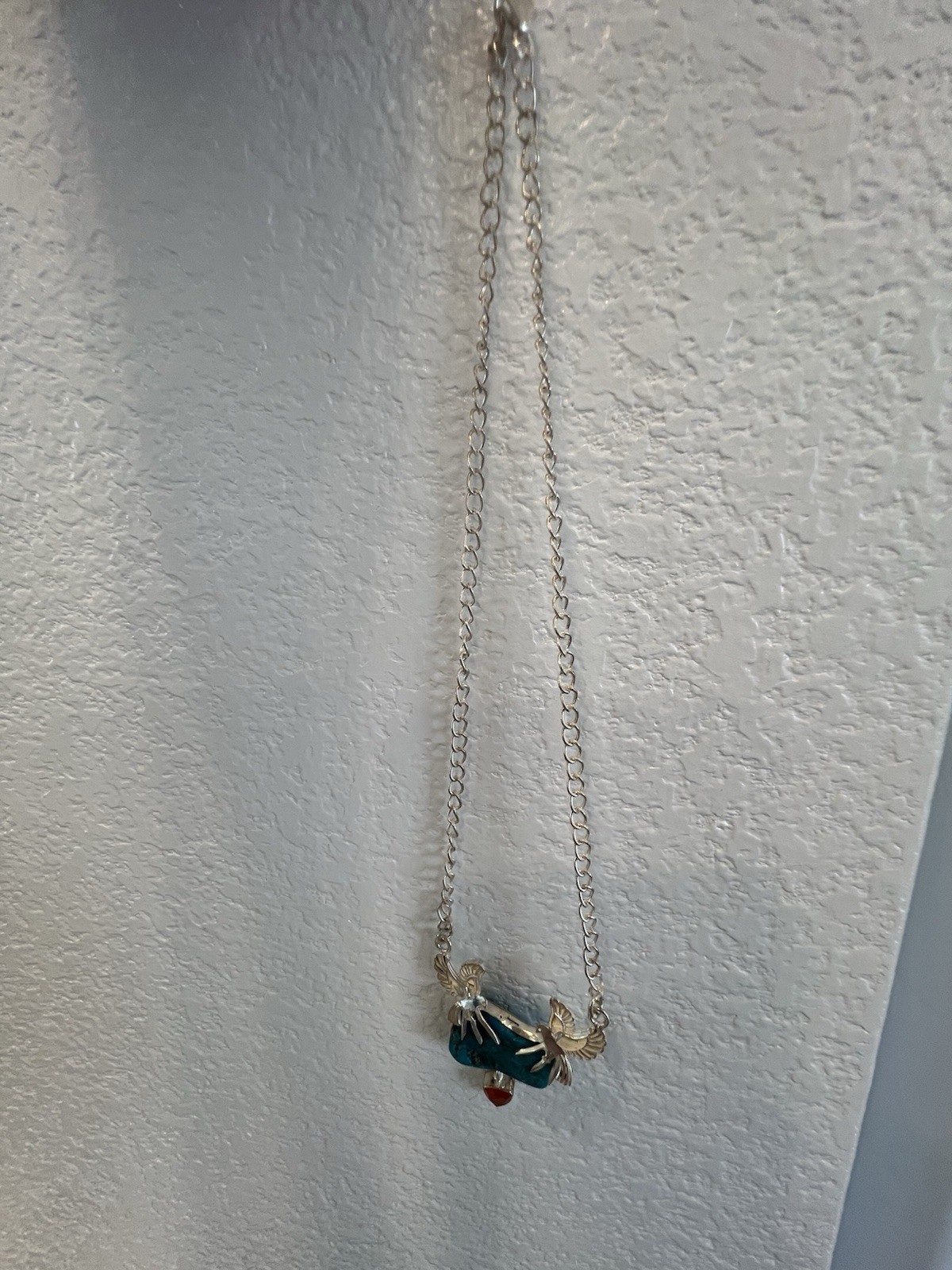 Sterling Silver Chain Necklace Bird Pendant Turquoise Stone Red Charm