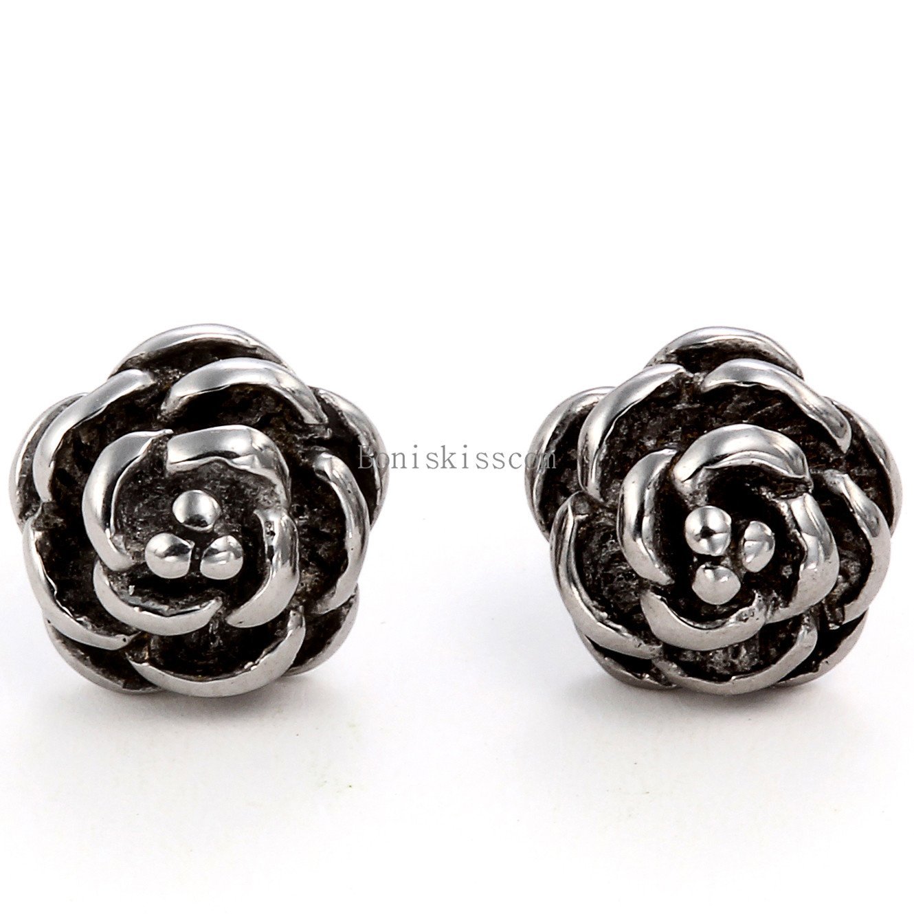 Charm Rose Flower Shape Stainless Steel Stud Earrings Bead Ball Screw Back