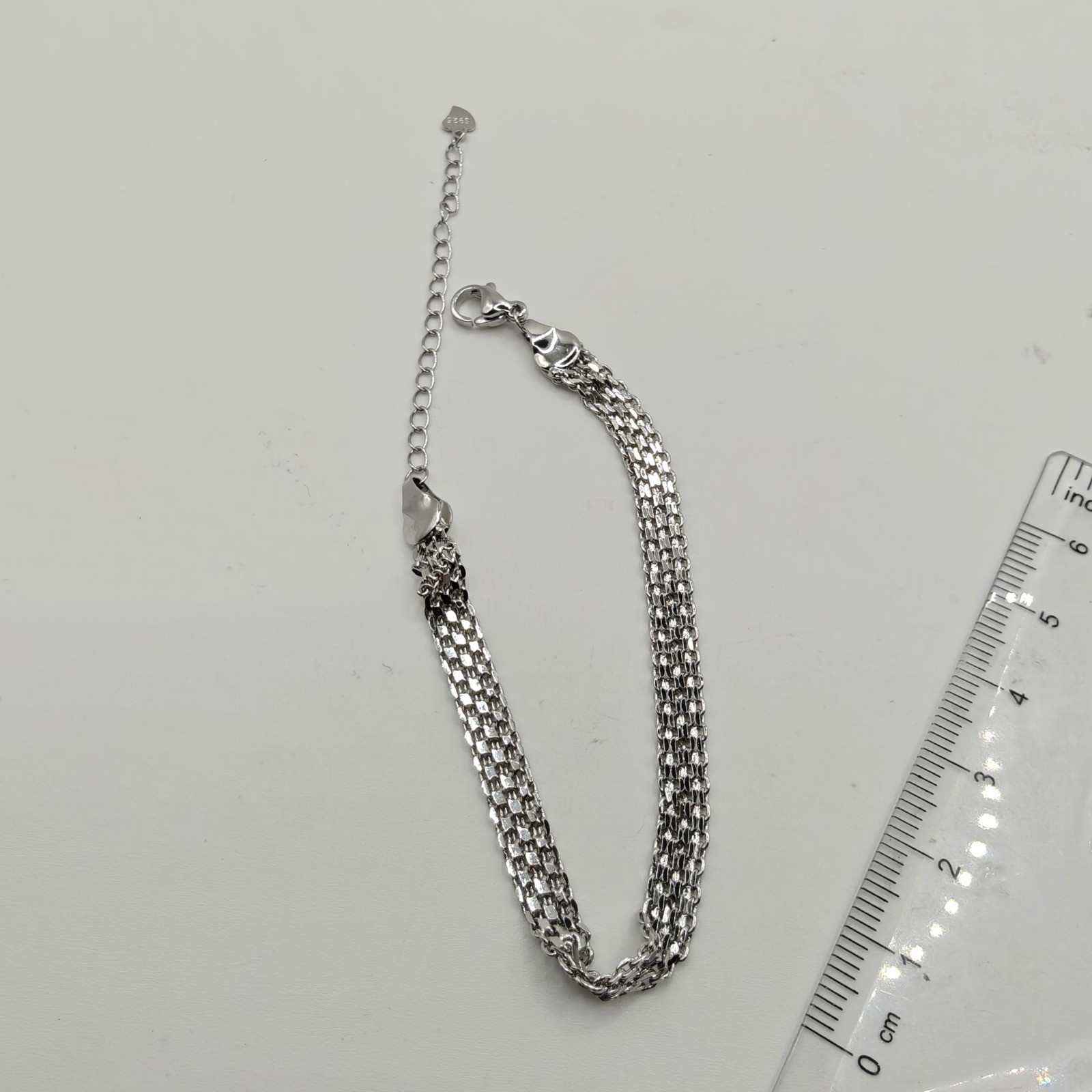 S925 Sterling Silver Multi Strand Mesh Bracelet Adjustable Heart Charm 4.06g