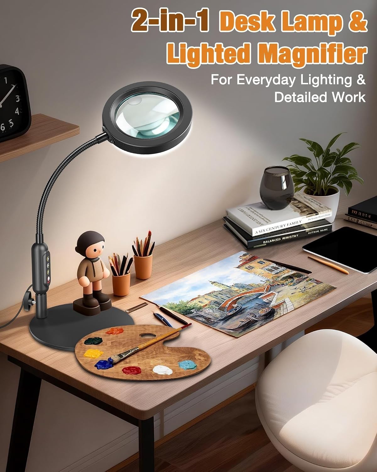 30X 10X Magnifying Glass with Light and Stand, 5 Color Modes Stepless Dimmable,