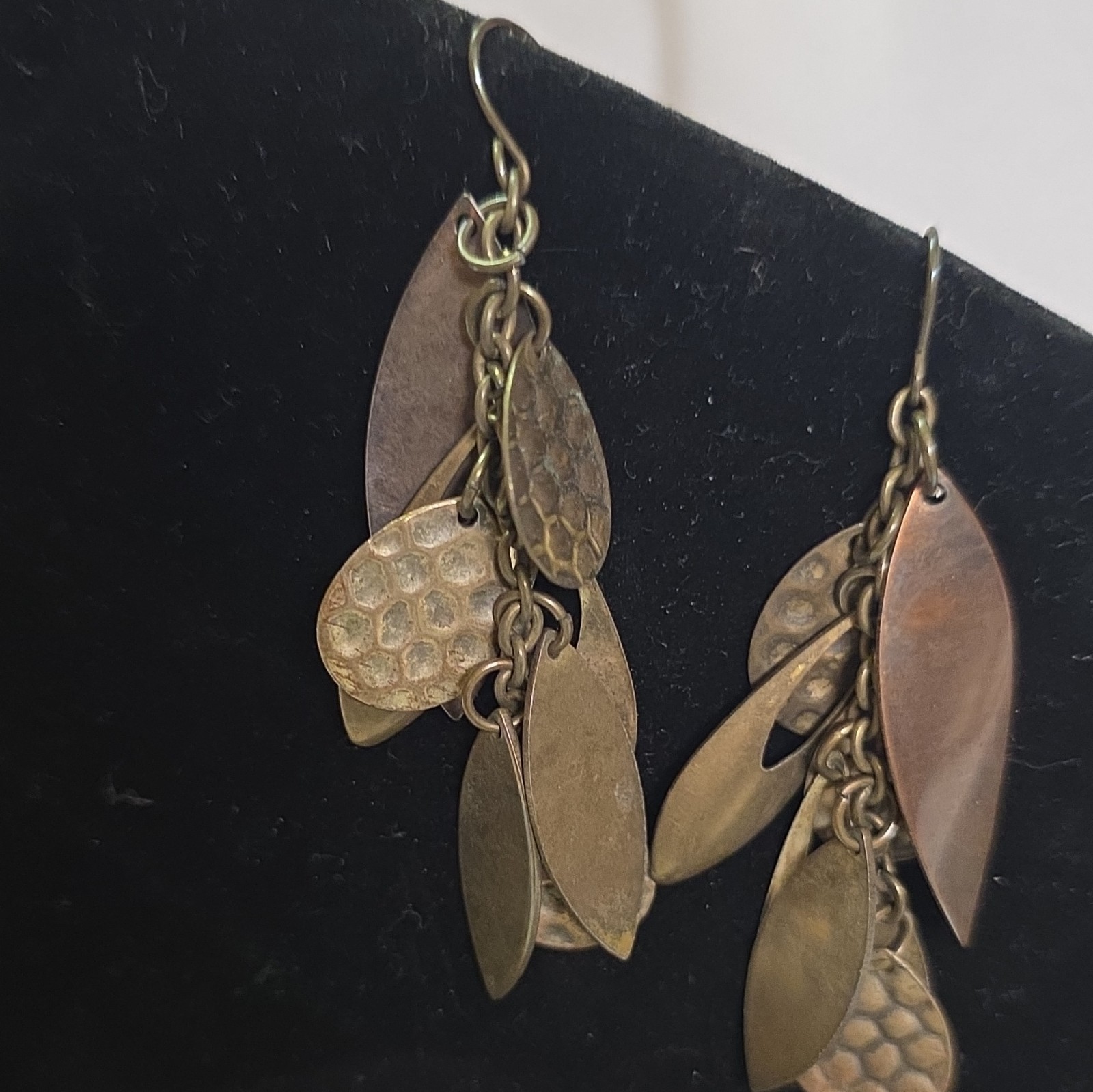 Bronze Tone Leaf Dangle/Drop Hook Earrings, No Stone Metal Pair