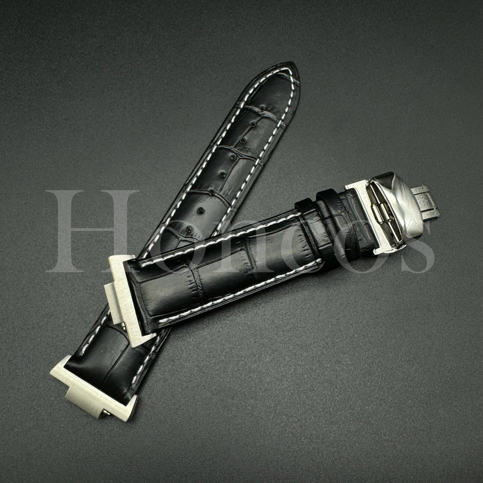 Genuine Leather Alligator Watch Strap Fits for Tissot PRX Clasp+Adapter Black/WT