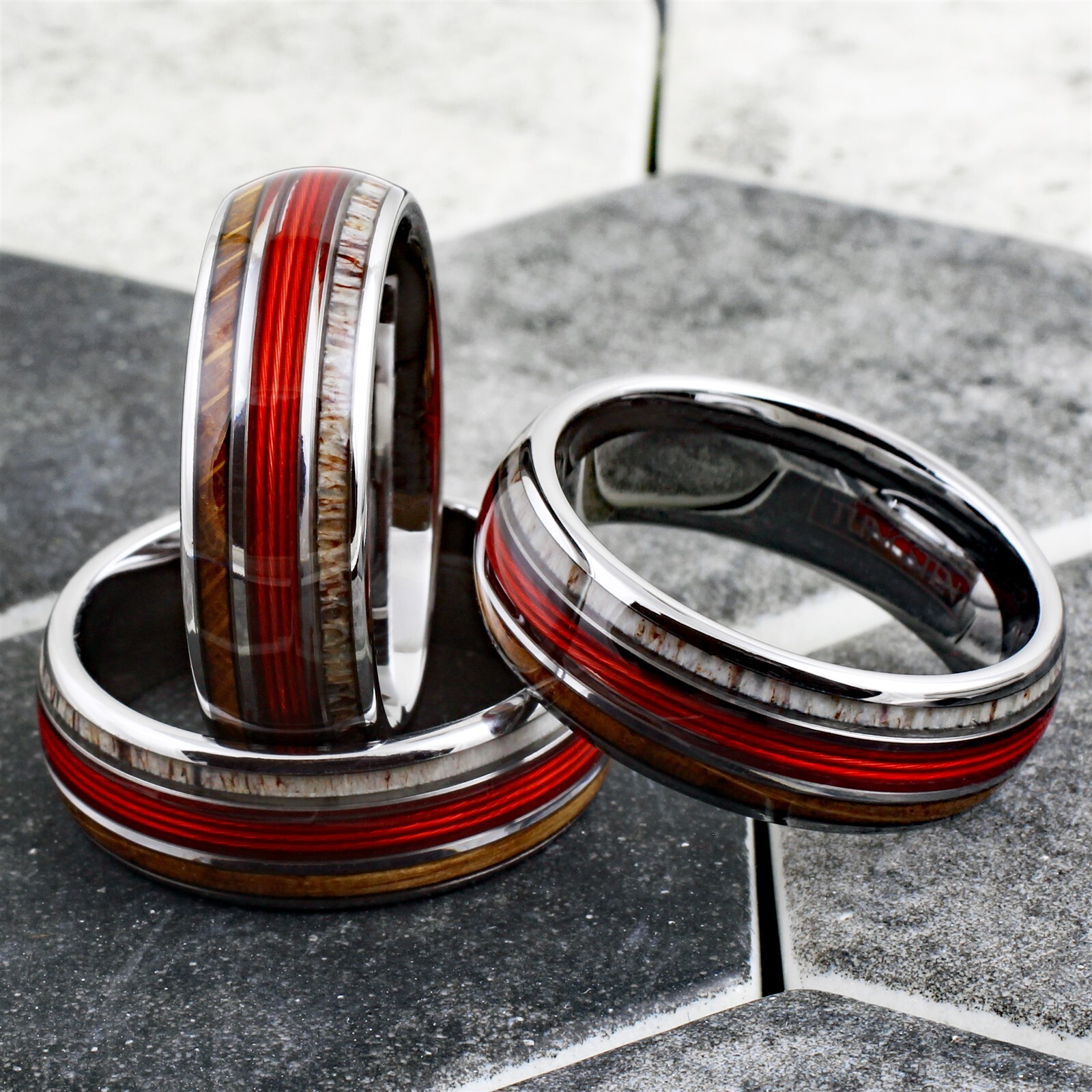 Tungsten Carbide Men’s Ring Red Fishing Line-Whiskey Barrel & Deer Antler Band