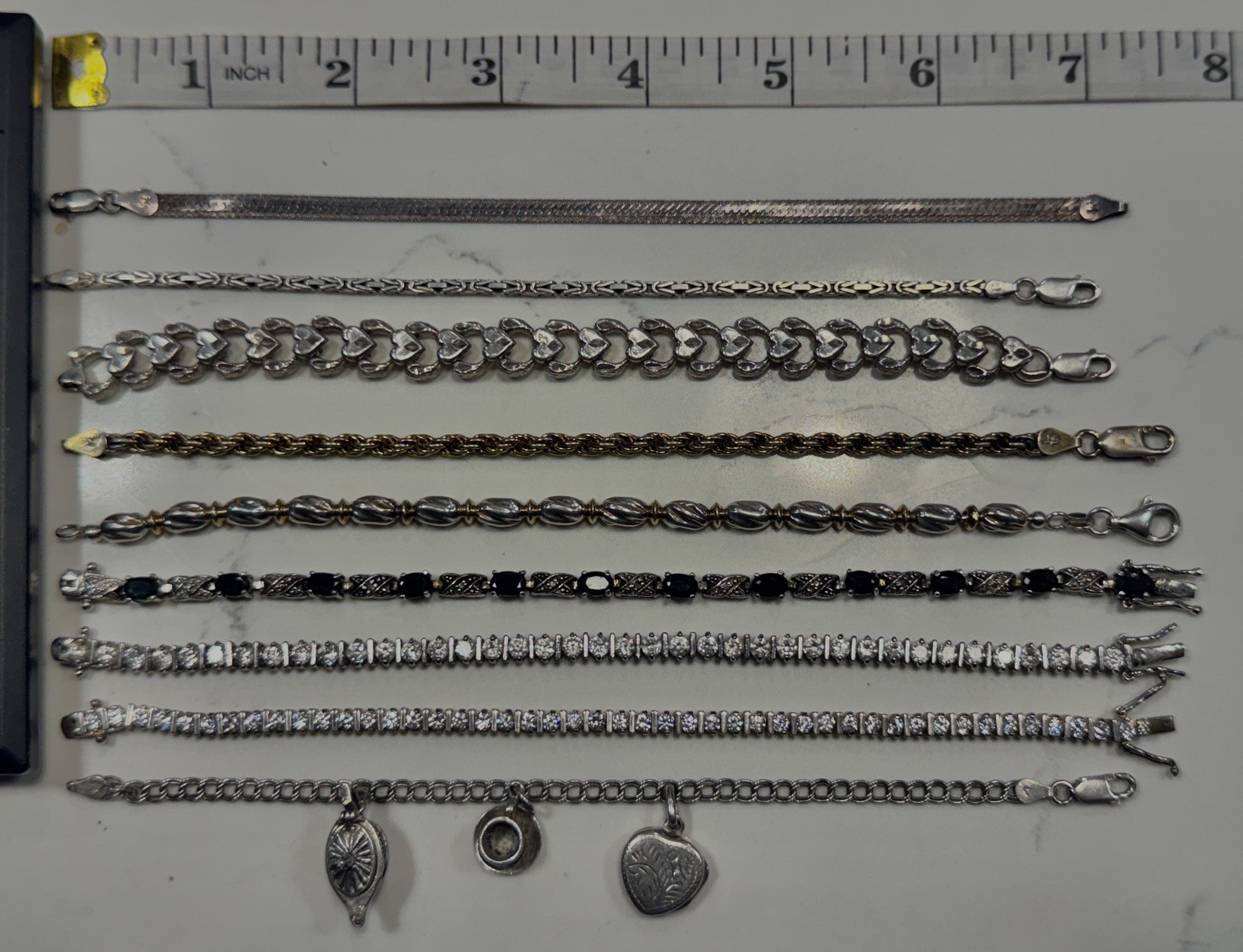 Sterling 925 7-7.5” Bracelet Lot of 9 – Melee, Tennis, Byzantine, Charms, more