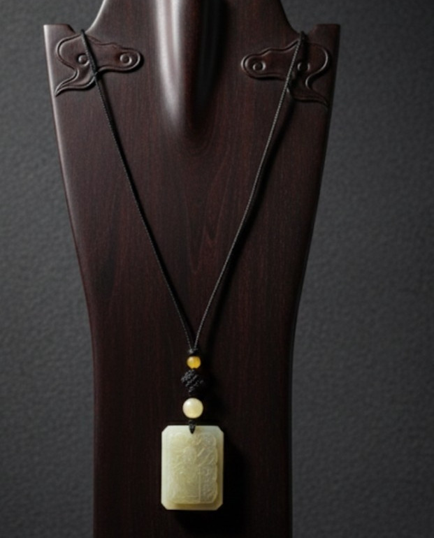 Asian Motif Necklace Carved Chinese Pendant Elegant Statement Fashion Jewelry