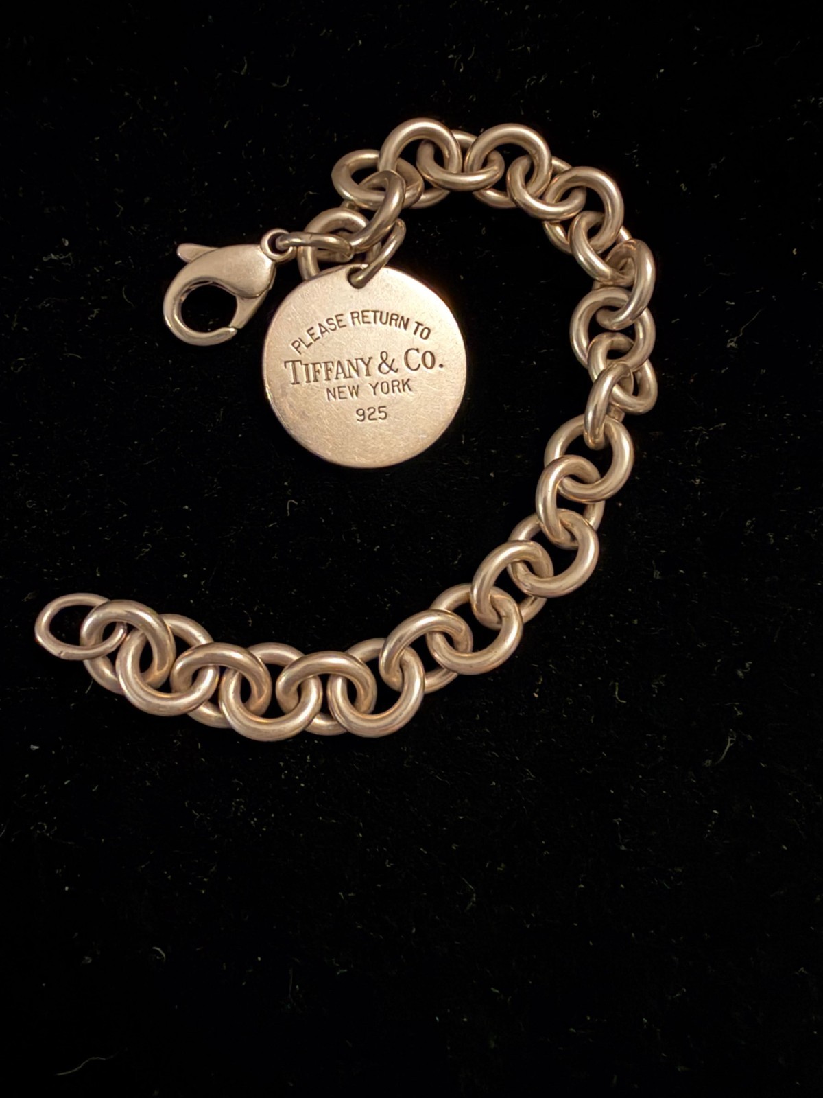 Tiffany & Co. Sterling Silver Round Link Charm Bracelet with “Please Return To”