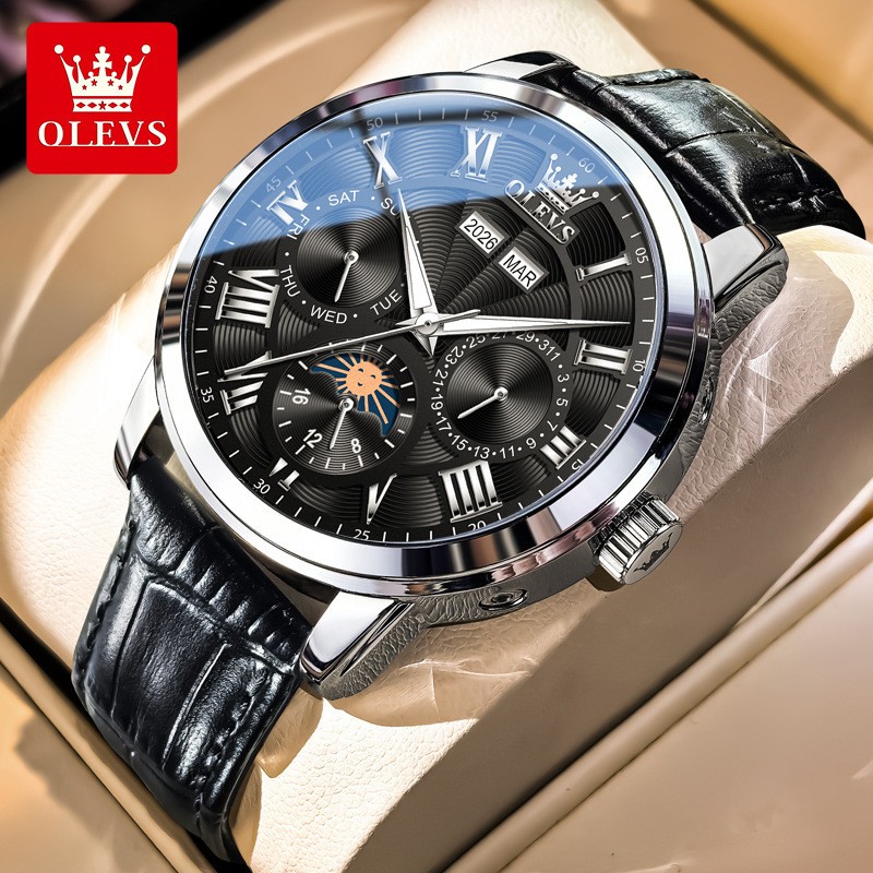 OLEVS Moon Phase Automatic Mechanical Men Watch Self-wind Skeleton Leather Band