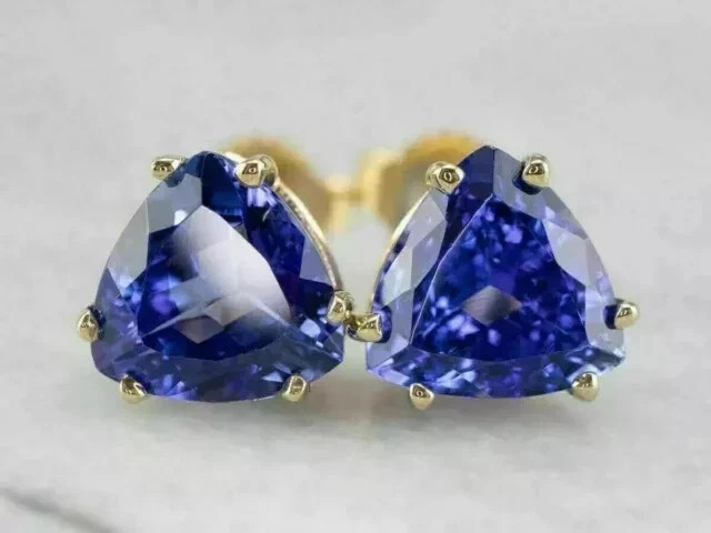 2CT Trillion Cut Lab-Created Blue Tanzanite Stud Earrings 14K Yellow Gold Plated