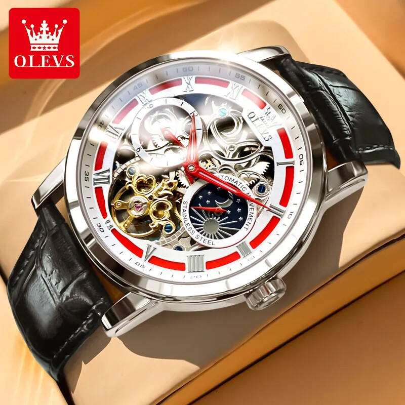 OLEVS Skeleton Self-Wind Automatic Mechanical Men’s Watch Leather Moon Phase