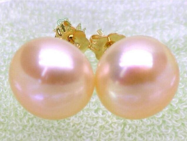 AAAA 10-11mm real natural pink south sea pearl STUD earrings 14k Yellow Gold