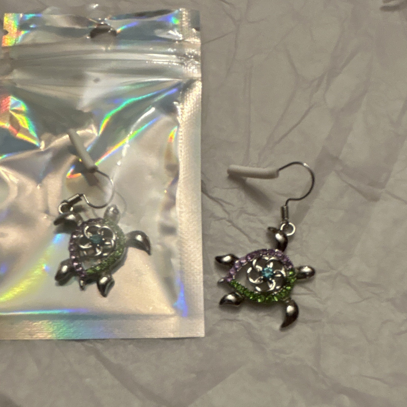 Turtle Dangle Drop Hook Earrings Silver Tone Multicolor Round Crystal Beach
