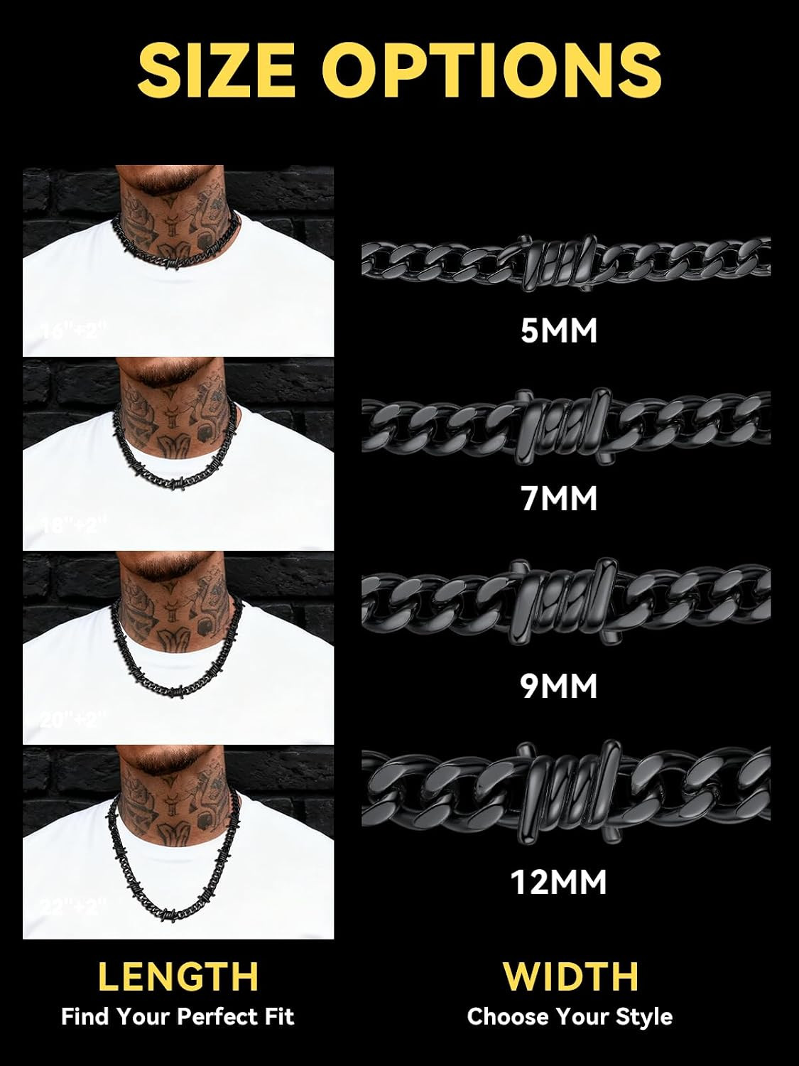 Barbed Wire Necklace Punk Thorns Chain Necklace for Men Women, 5/6/7/9/12MM Wide