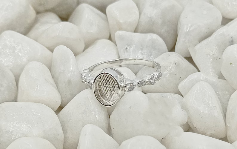 925 Sterling Solid Silver 6x8mm Oval Bezel Ring Blank with Zircon DIY Jewelry