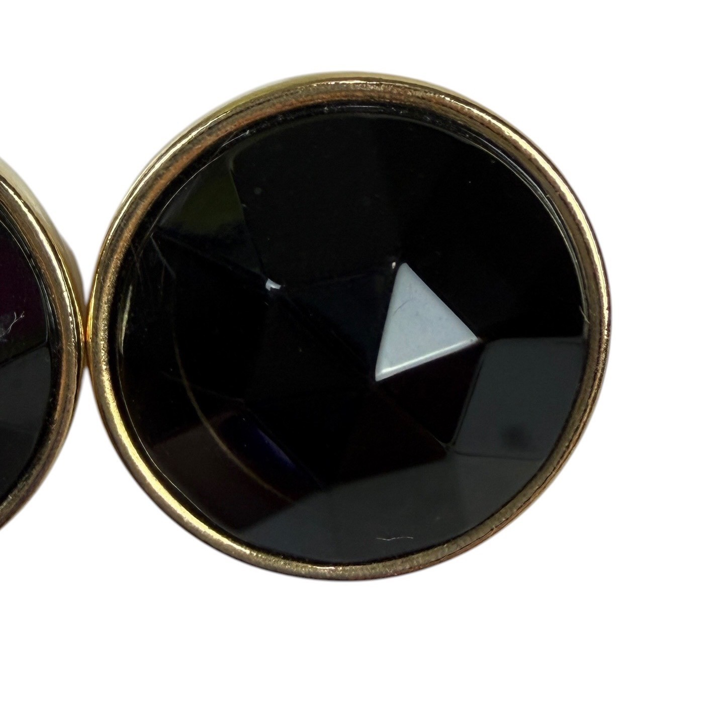 Large Round Black Faceted Stud Earrings Gold Tone Bezel Statement Jewelry 1 Inch