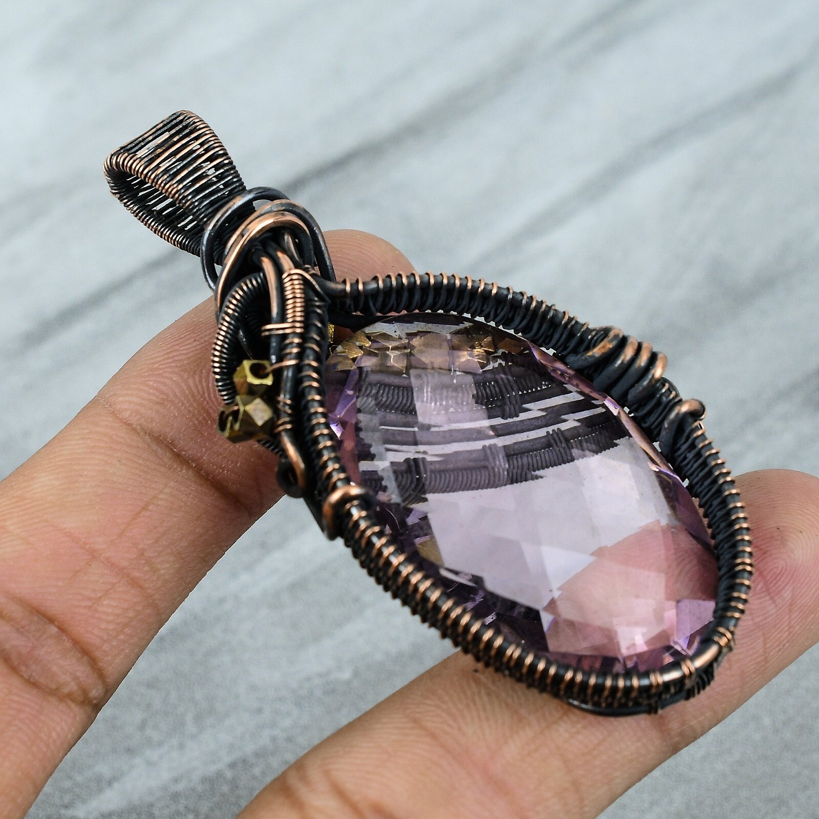Wedding Gift For Her Copper Pink Kunzite Jewelry Wire Wrapped Pendant 2.87″