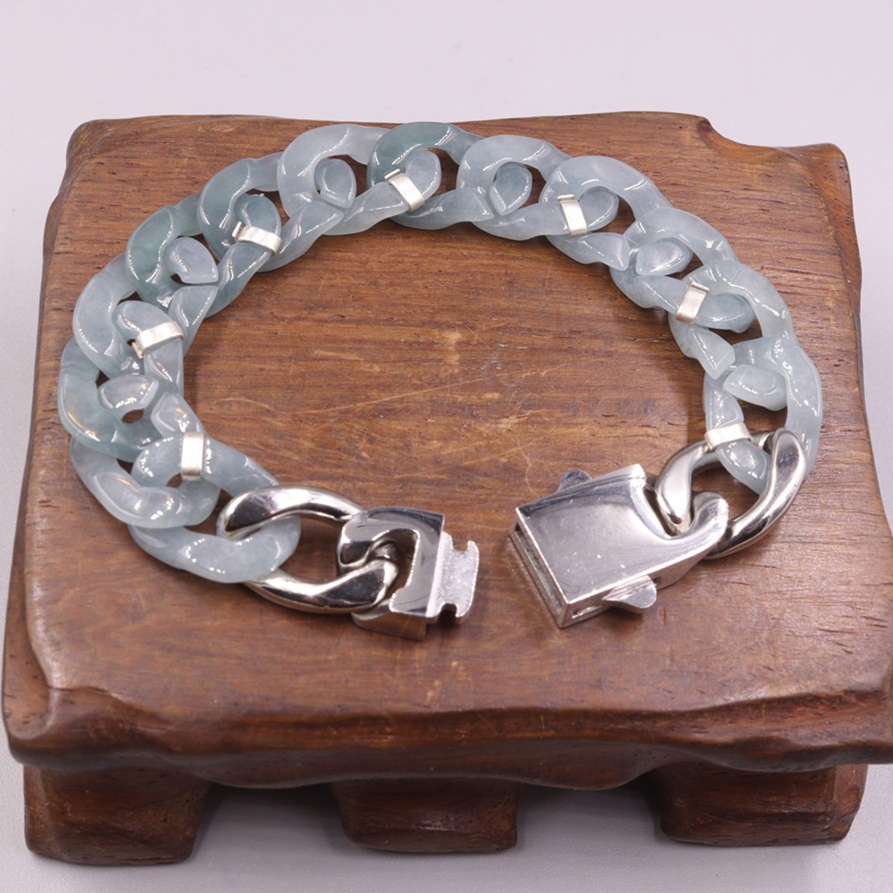 Real Grade A Natural Blue Jadeite Jade Cuban Curb Link Bracelet 7.5-7.9inch