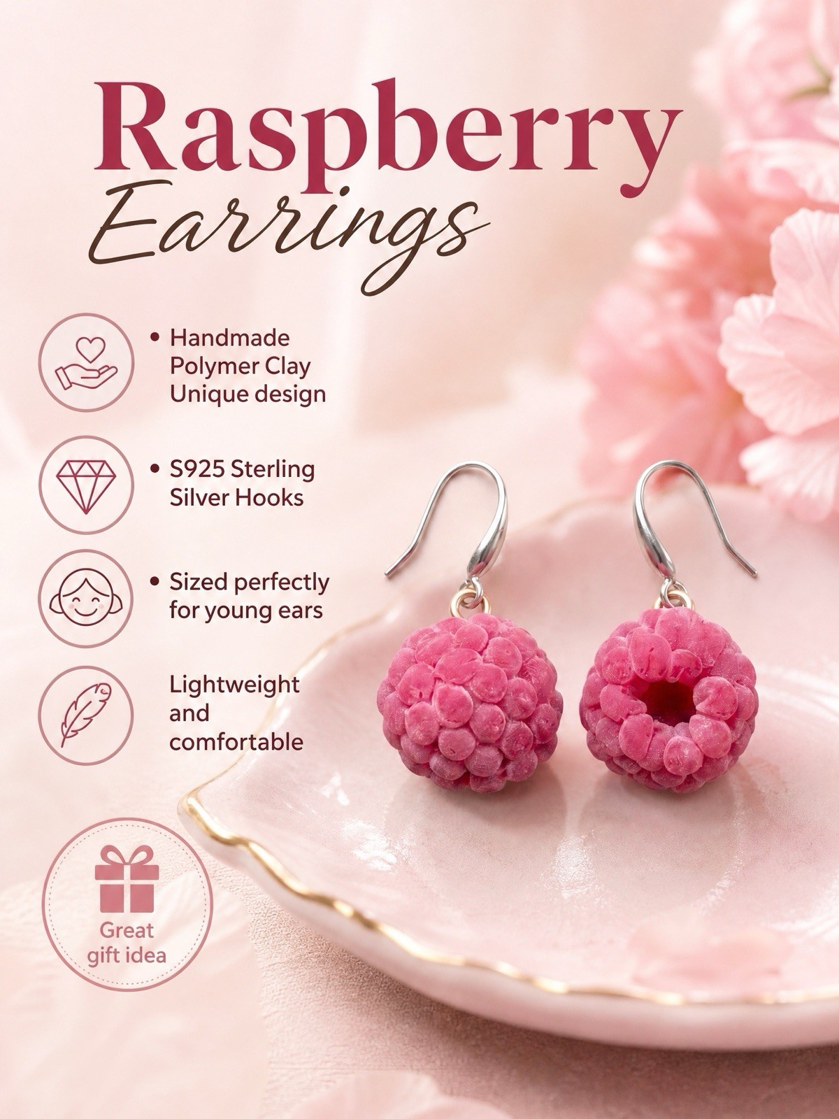 Lyra Art S925 Silver Raspberry Earrings | Handmade Kids Jewelry | Gift for Girl