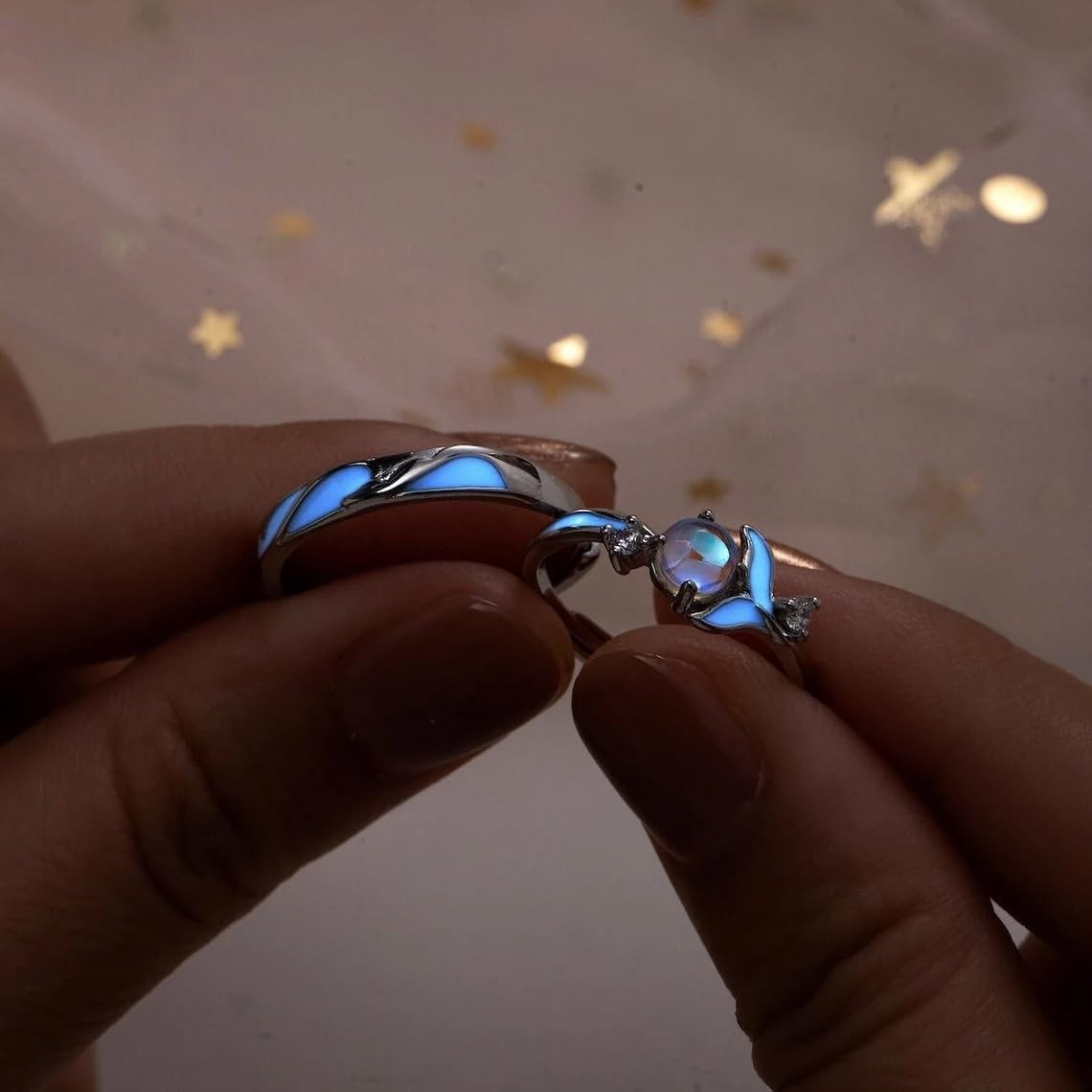 Adjustable Moonstone Silver Promise Rings Set for Couples – Matching Gift for Hi