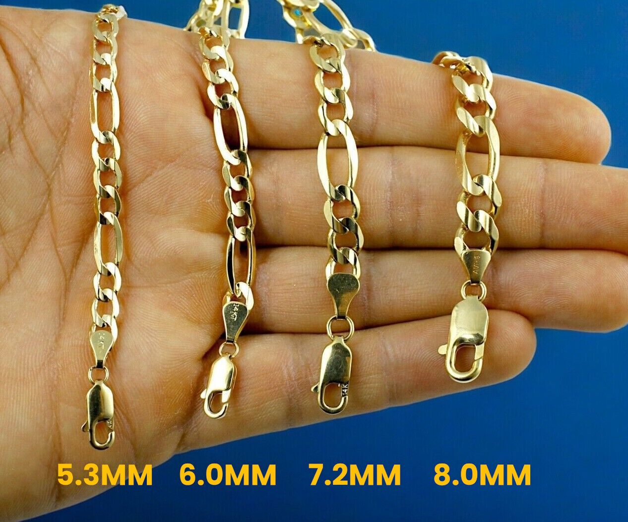 14K Yellow Gold SOLID Figaro Necklace Chain Link Real Gold 1.5mm-12mm 16″-30″