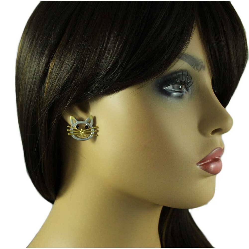 Silver and Gold Cat Head with Black Eyes Pierced Earring – PRC421E