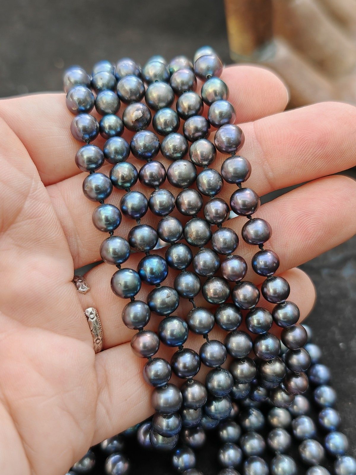 5 strand purple black peacock Tahitian style cultured pearl 925 necklace silk ba