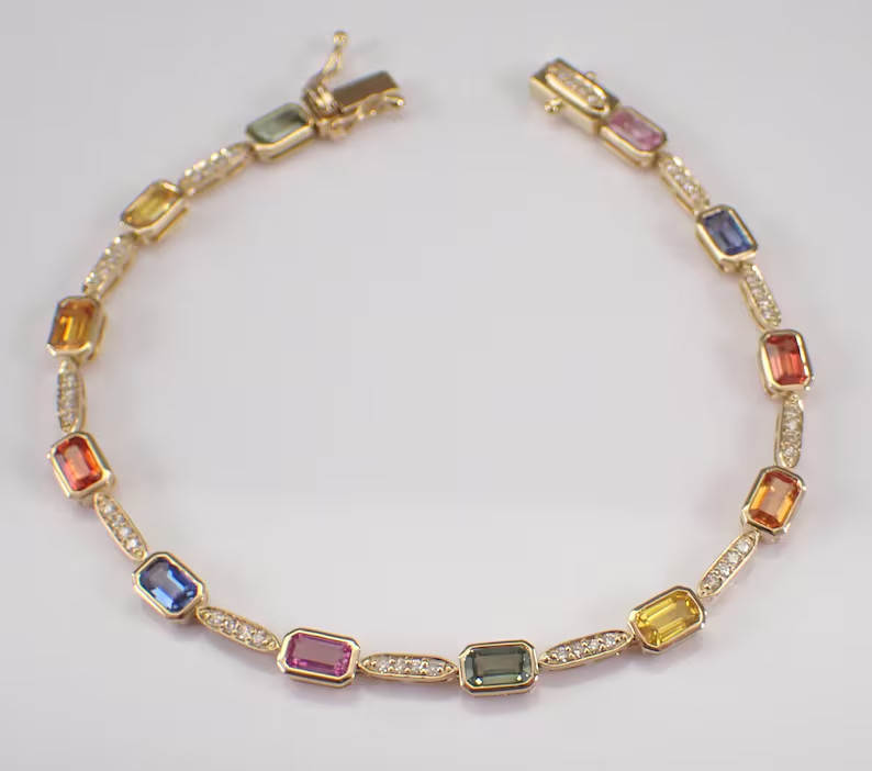 14K Yellow Gold Plated Multi Color Stones Stackable Tennis Women’s Bracelet 7″