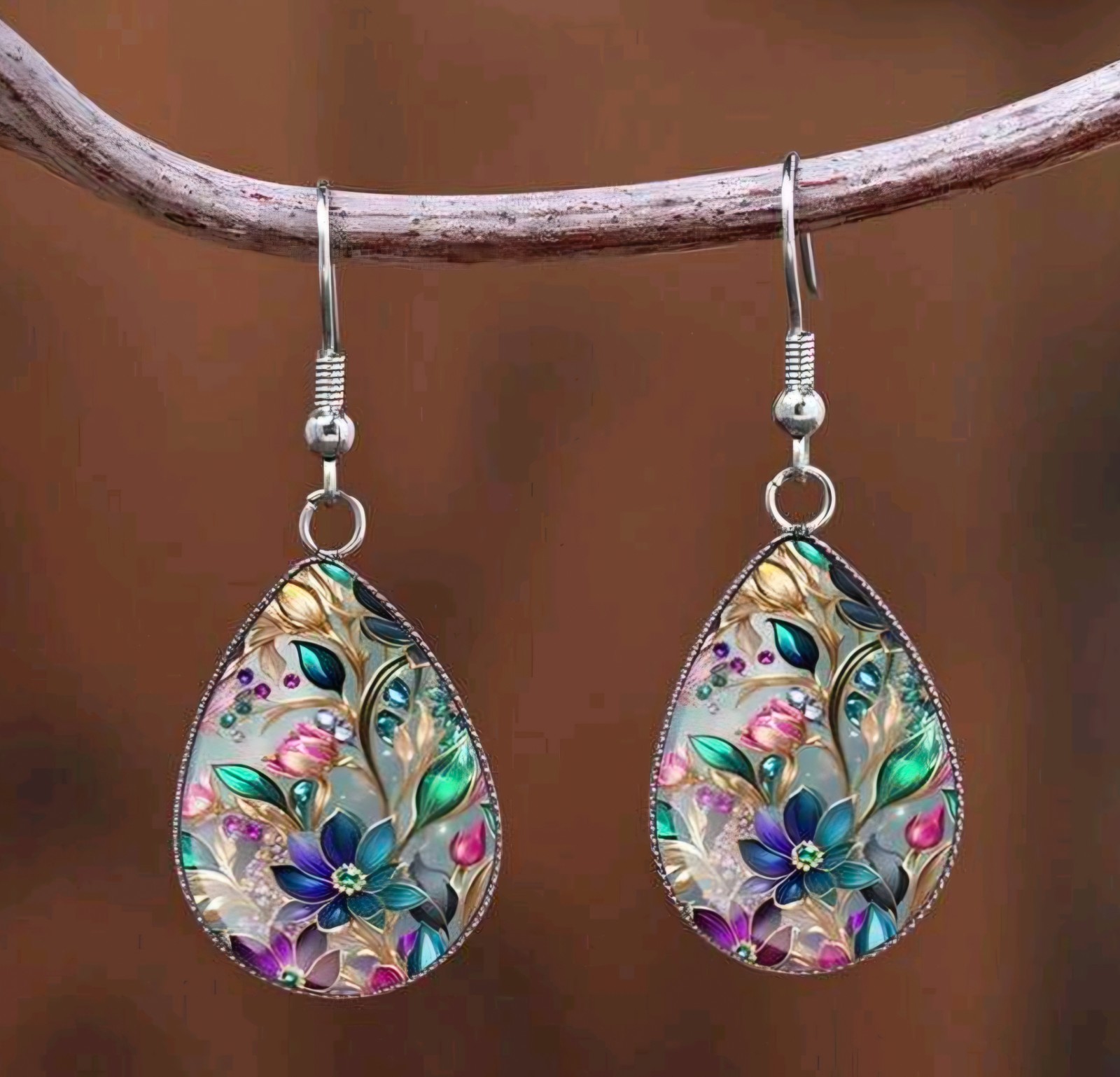 Boho Silver Multi-Color Floral Teardrop French Hook Earrings Approx 1.8″L