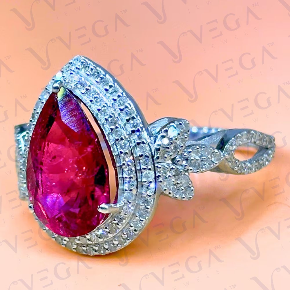 6.80carat Pear Shape Natural Ruby Gemstones & Diamond Ring 18K White Gold Plated