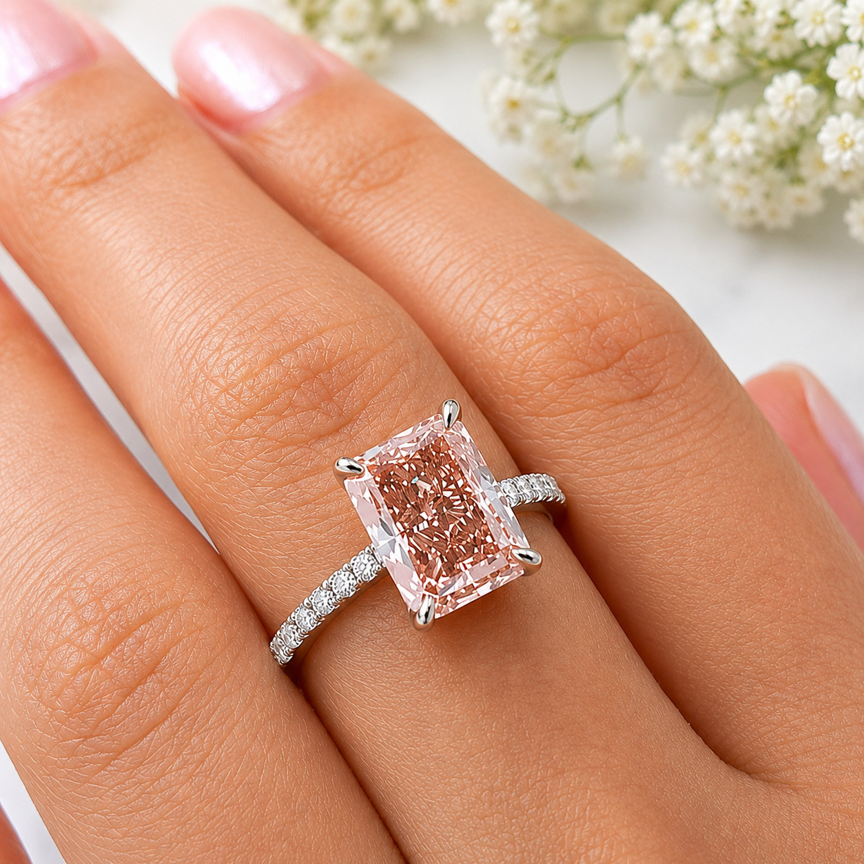 Fancy Vivid Pink IGI Lab Created Diamond Ring 18k White Gold 3.75 Ct Radiant Cut