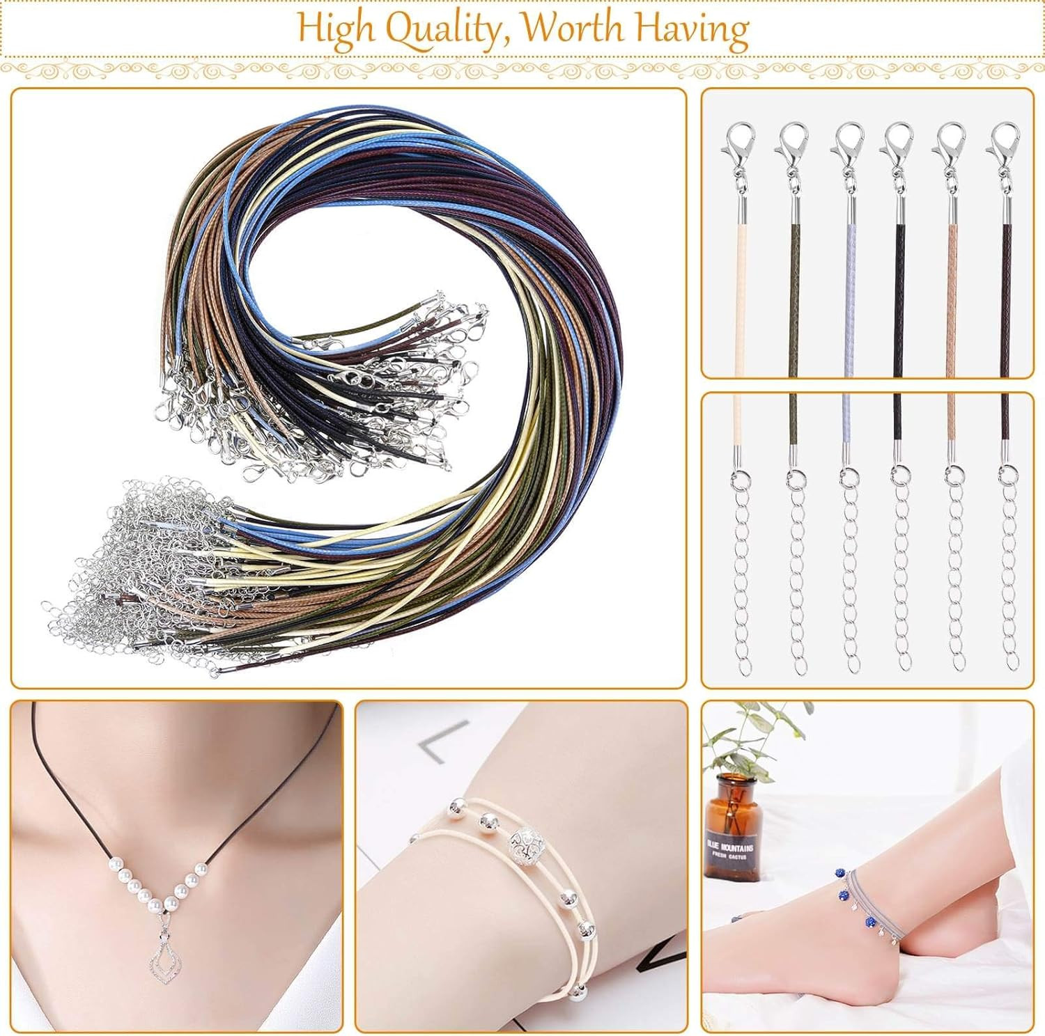 Necklace Cord, 100pcs Necklace String, Waxed Cotton Necklace Cord with Clasp Bu