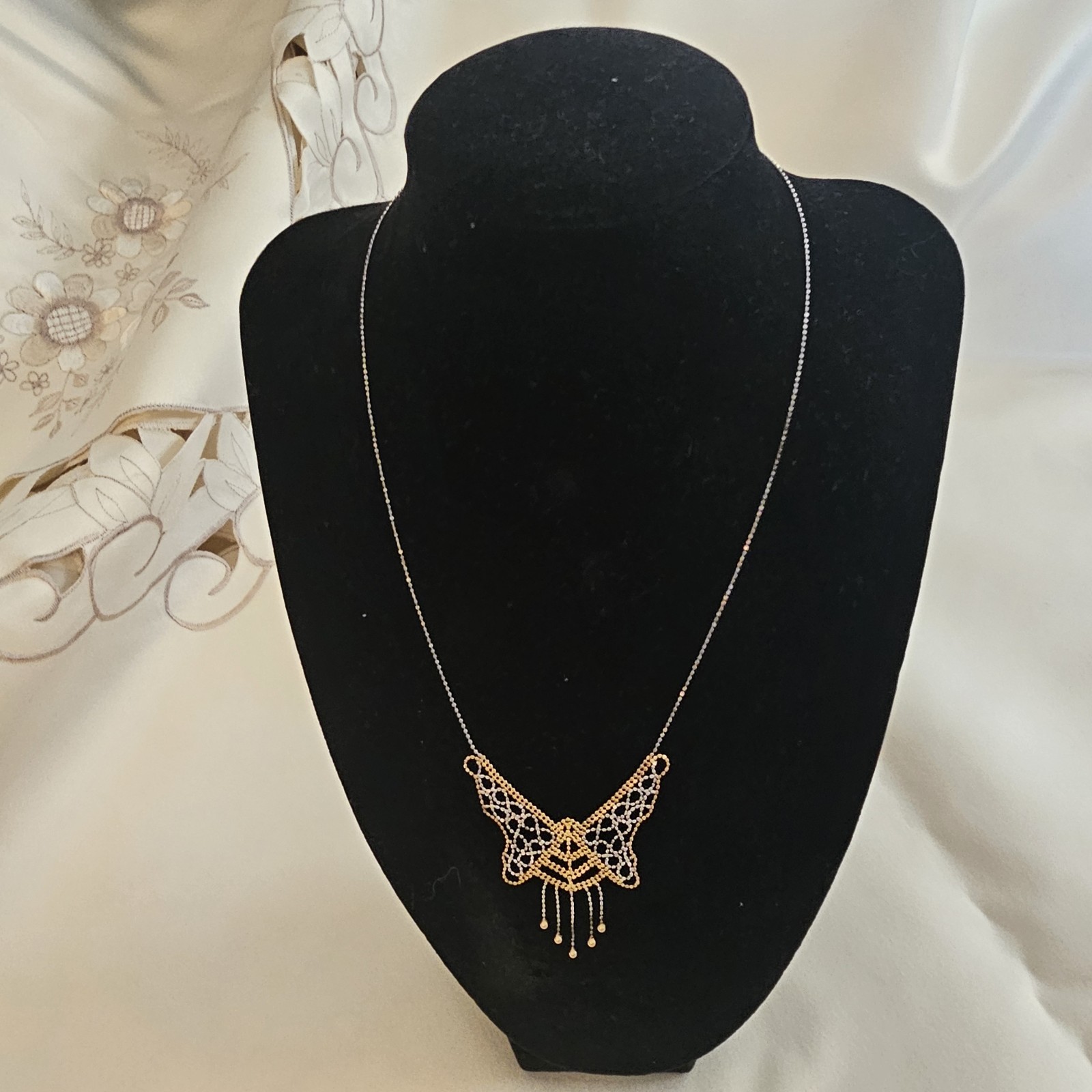 10K Yellow Gold Sterling Silver Diamond Cut Butterfly Mesh Tassel Necklace 17″