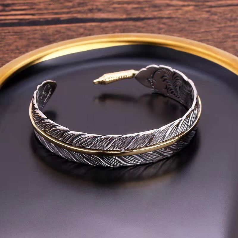 Women Men Retro Vintage 925 Sterling Gold Silver Feather Cuff Bangle Bracelet US