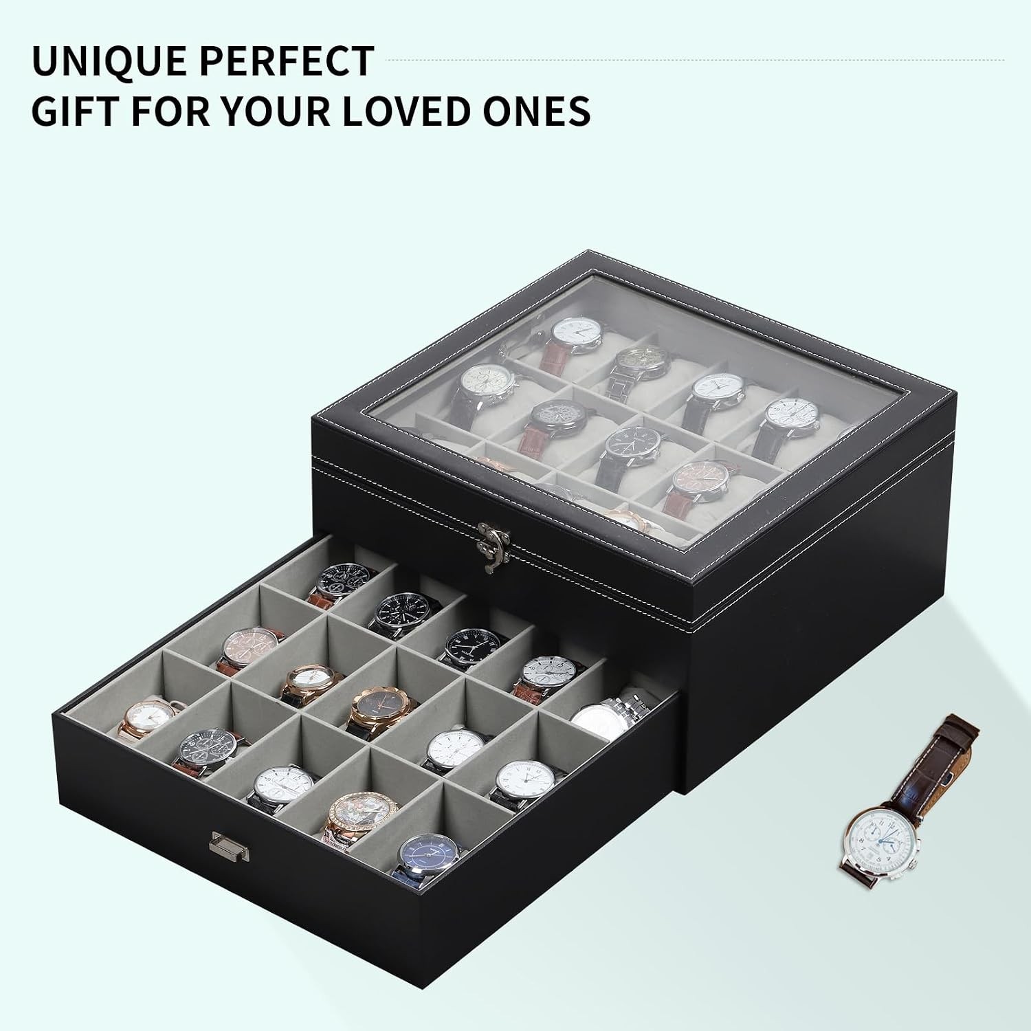 Watch Box Organizer with Glass Top & Lockable Drawer,2 Layers Holds 30 Watches