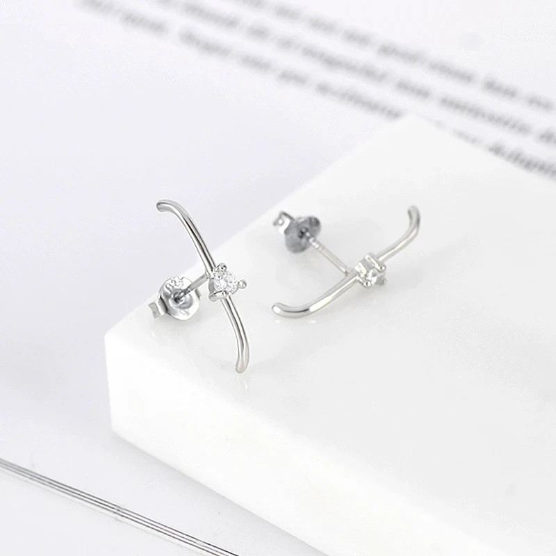 925 Sterling Silver CZ Bar Stud Earrings Tiny Curved Suspender Women Gift