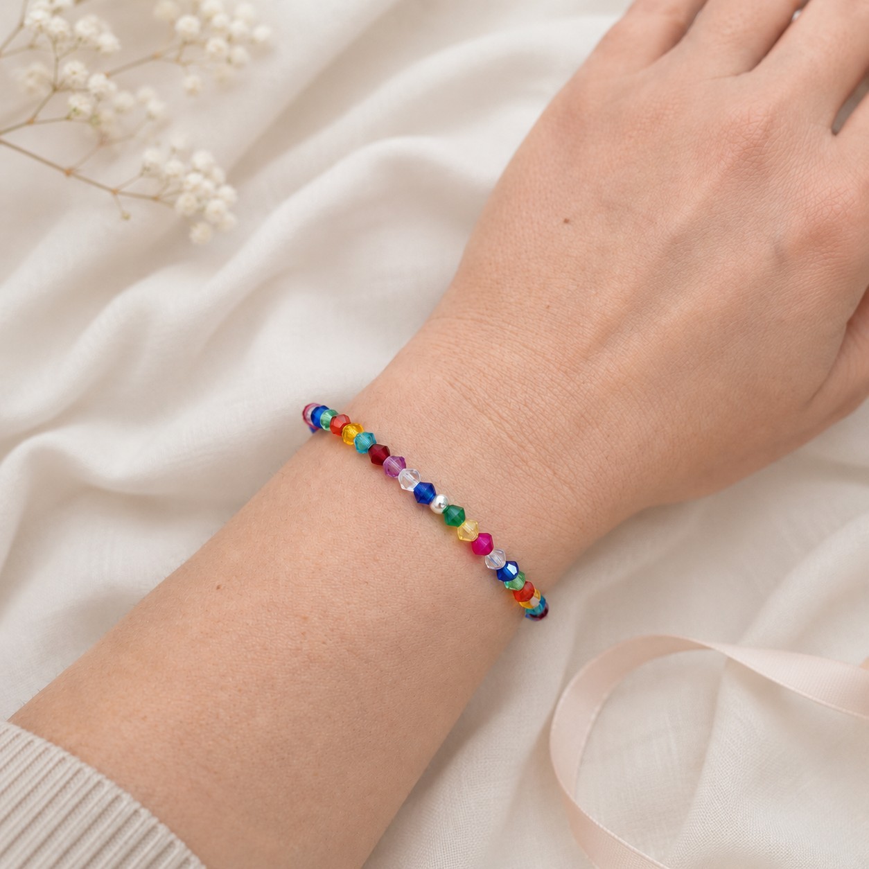 Summer Rainbow Crystal Stretch Beaded Bracelet Sterling Silver Bead Gift for Her