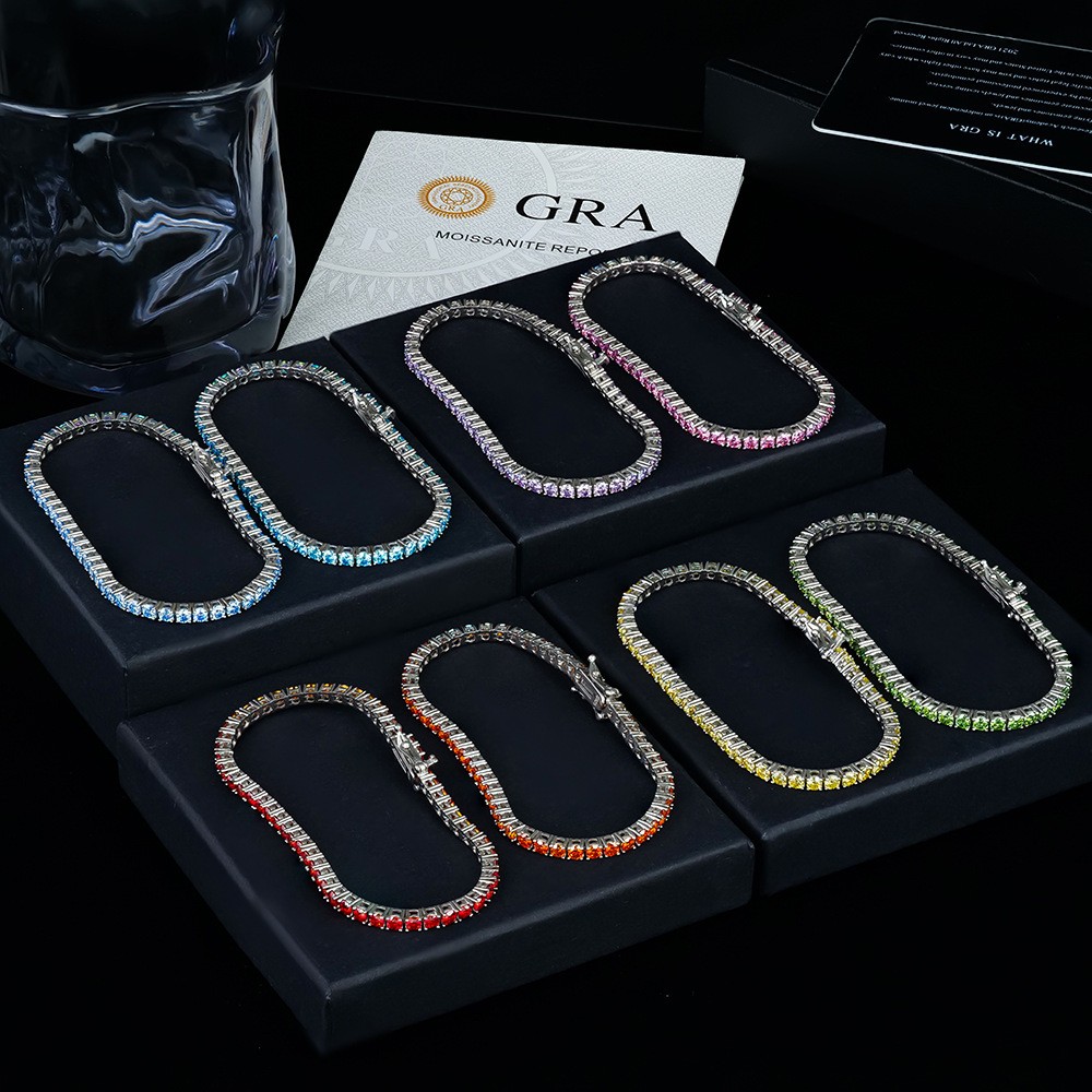 2mm Round Colourful Moissanite Tennis Chain 925 Sterling Silver Bracelet Women