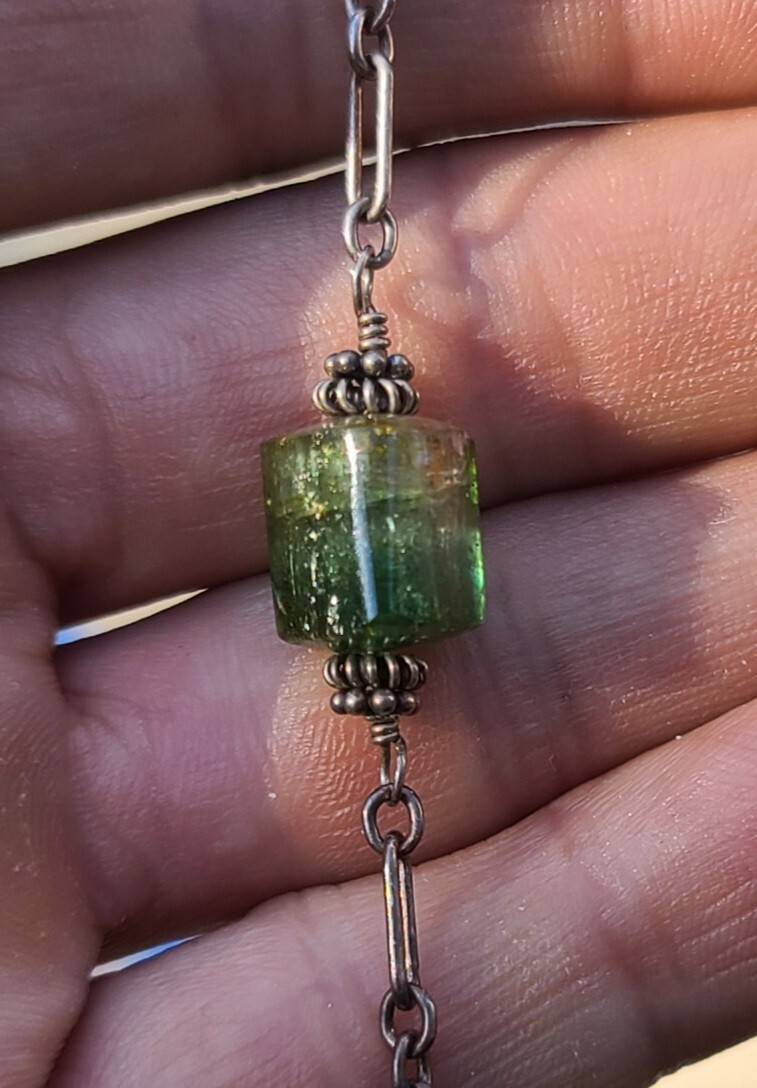 Vintage Sterling 925 Solid Silver Flourite Pendant Chain 17.75″ Necklace 3mm W