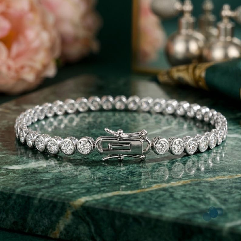 3.0 MM Round Moissanite Bezel Set 14K Gold Tennis Bracelet For Women