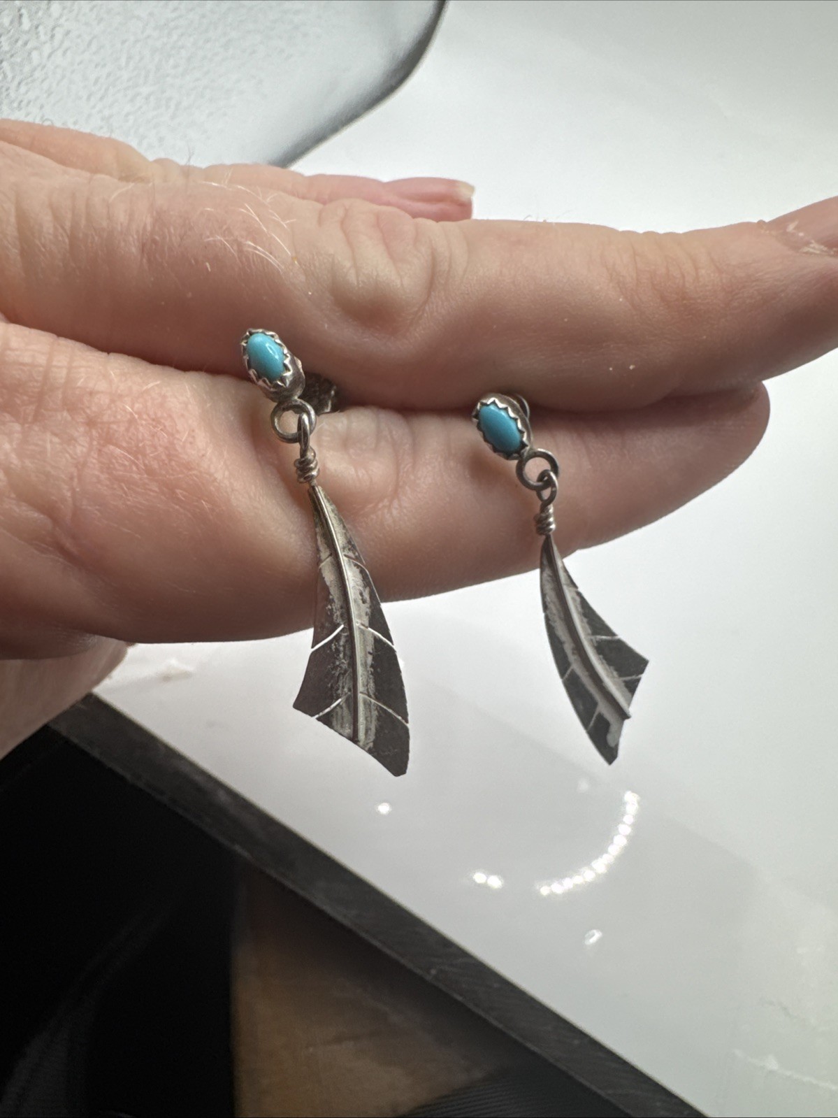 Vintage Native American Sterling Silver Turquoise Dangle Post Earrings Southwest